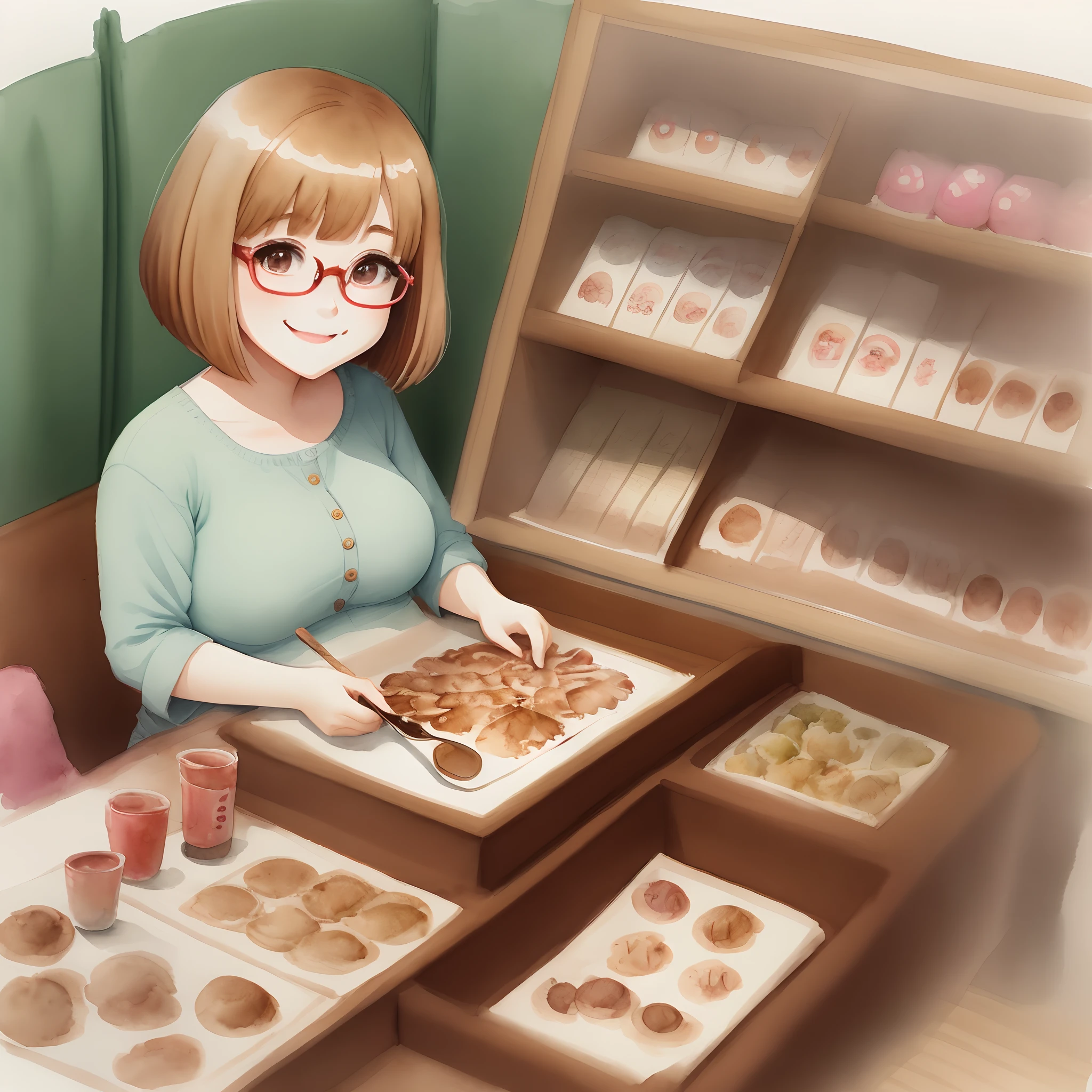 Illustration of a girl with cute chestnut hair bob cut Wearing red-rimmed glasses Big cute eyes Smiling chubby body dollar, Ghibli style Housewife 50 years old Watercolor style Fashionable Mr. Cartoon style