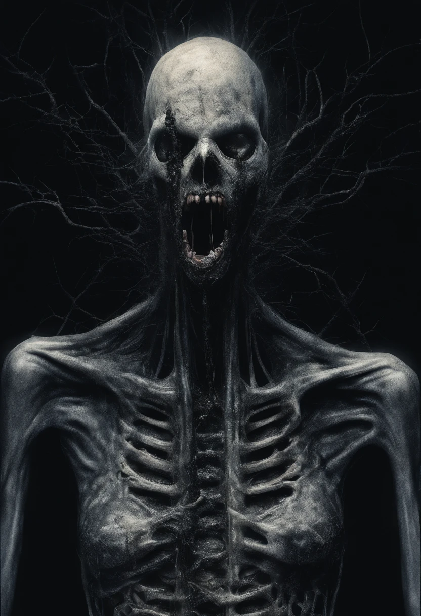 Photographic still of a a nystalien, translucent skin, teeth dripping,, veins showing beneath it's skin, dark, onimous