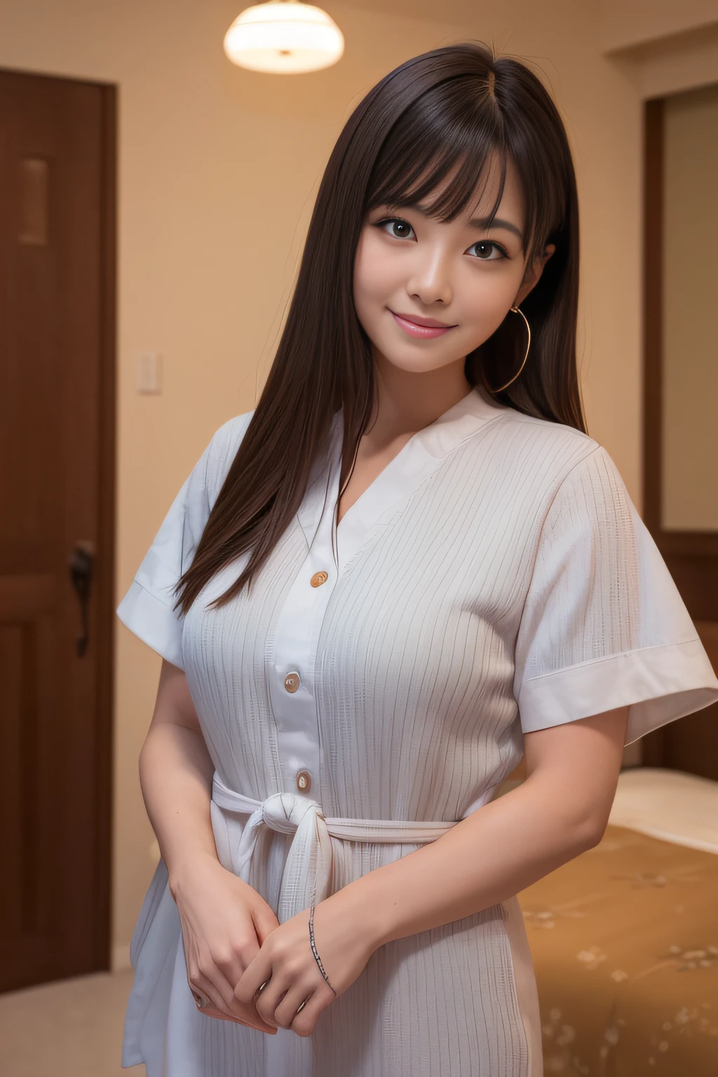 quality, masutepiece, 超A high resolution, (Photoreal: 1.4), Front view, Half body, western clothes, famous japanese actress, a very beautiful woman, Cute, Nice smile, Cinematic 35mm lens, F/1 .8, Accent Lighting, 8K, a room, Beautiful double eyes with equal left and right eyes, Hands down, poneyTail,hotels room