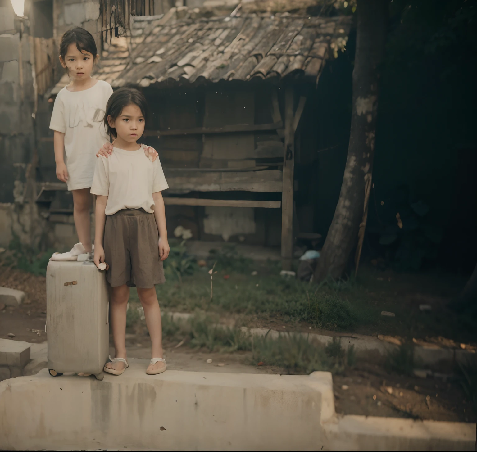Baby,Kids male and sister 2-4 old, standing on the wall village, ultra detail face, ultra detail eye, cinematic lighting, 8k
