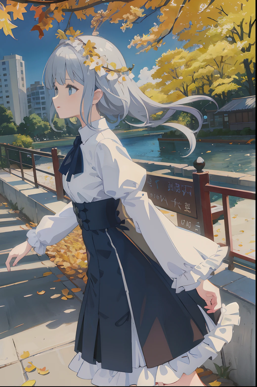 Masterpiece-level painting, Highest Quality, Ultra High Definition CG Woman, hightquality))、(masterpiece)、Very elaborate CG Unity 8K wallpapers、GameCG、Stand quietly under a tree, Wearing a long black dress and folding shirt, Mini skirt fluttering in the wind, Her long hair is smooth like flowing water, Petals flying in a rainstorm. Surrounded by the blue cityscape of the fence, Chain fences and buildings、(autumnal)、Rows of yellow ginkgo trees、ginkgo