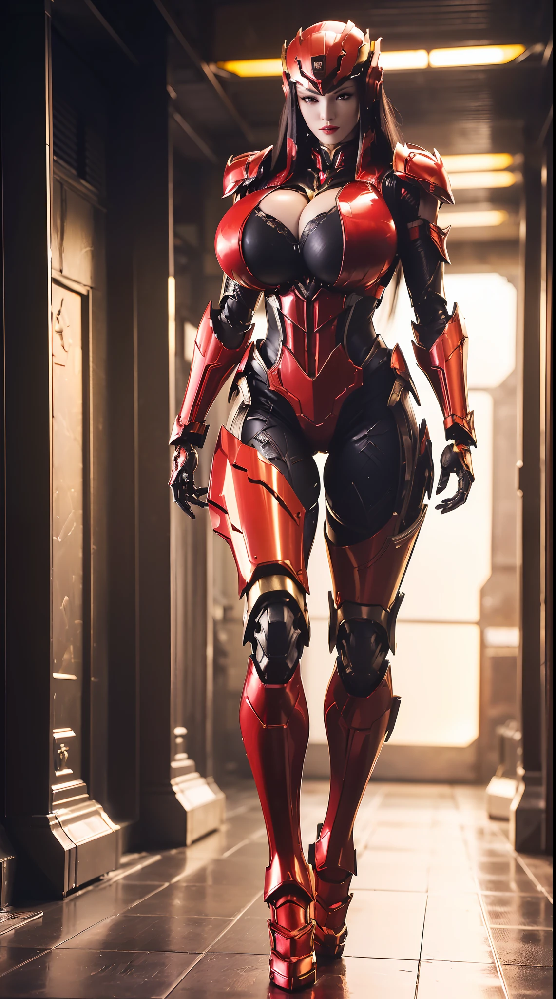 (1GIRL, SOLO), (super detailed face, red_libs, dark_hair), (Phoenix mecha helmet:1.2), (BIG BUTTOCKS, MUSCLE ABS, HUGE BOOBS:1.5), (MECHA GUARD ARM:1.3), (RED MECHA CYBER SHINY ARMORED SUIT, CLEAVAGE, BLACK MECHA SKINTIGHT SUIT PANTS, MECHA GUARD ARMOR LEGS, MECHA HIGH HEELS:1.5), (MUSCULAR BODY, SEXY LONG LEGS, HALF BODY:1), (LOOKING AT VIEWER:1.3), (famale focus:0.786), (WALKING DOWN HALLWAY OF FUTURISTIC SPACE STATION:1), (BRIGHT LIGHTING:1.3), PHYSICALLY-BASED RENDERING, ULTRA HIGHT DEFINITION, 16K, 1080P.