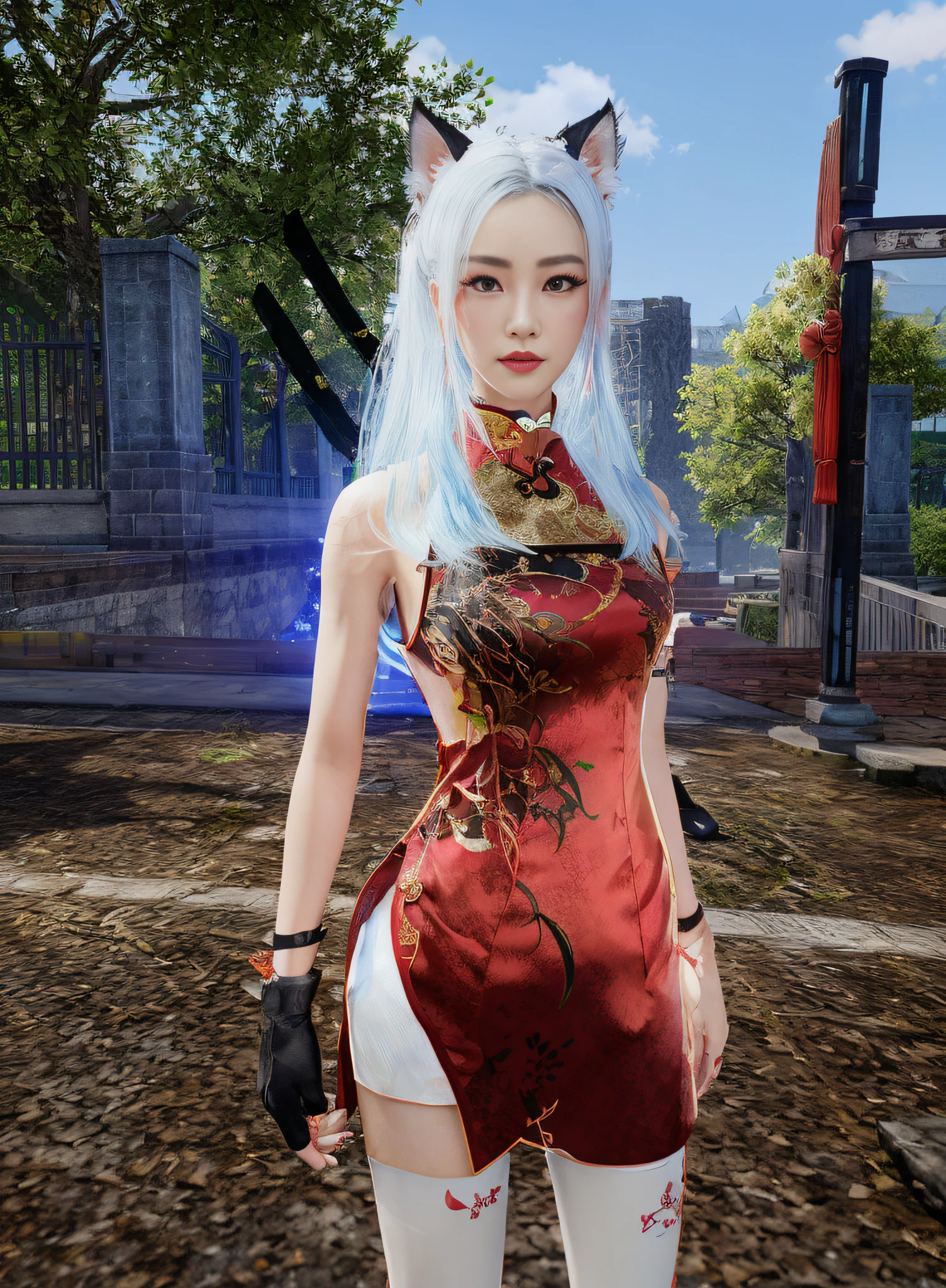 there is a woman in a red dress with a cat ears and a sword, cheongsam, inspired by Luo Mu, wearing a red cheongsam, inspired by Pu Hua, inspired by Dai Xi, fashion gameplay screenshot, inspired by Lan Ying, chinese dress, inspired by Ren Xiong, blade and soul, in a blue qipao