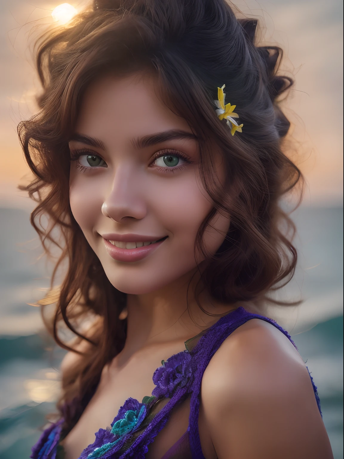 Ultra Realistic Color Photographic Portrait by Professional Photographer of Beautiful Brazilian Woman, (cabelos castanhos cacheados), (olhos castanhos em tons verdes e roxos, in very high definition), Foto da frente, (Wearing a long closed dress in lilac color with flowers made of knitting), fazendo pose, menina 24 anos. Sharp and detailed photo, Alto contraste. standingn, (With birthday hat on his head). (Smiling expression, gentil e cativante), (sorrir: 8.8). The Crisp Background, apenas luzes e sombras indistintas, (High-resolution eyes, hiper detalhados, Anatomical, Sharp, proportional irises in both eyes, anatomical proportional eyelid anatomical in very high resolution in both eyes), (Perfect hands with five fingers in ultra-high resolution, hiper detalhadas, Anatomical), raios de sol,（em 8k)、qualidade superior、obra prima, alta resolução,　Sob o Mar、Half of the body is used、olhando para cima、sun sunset、artistic