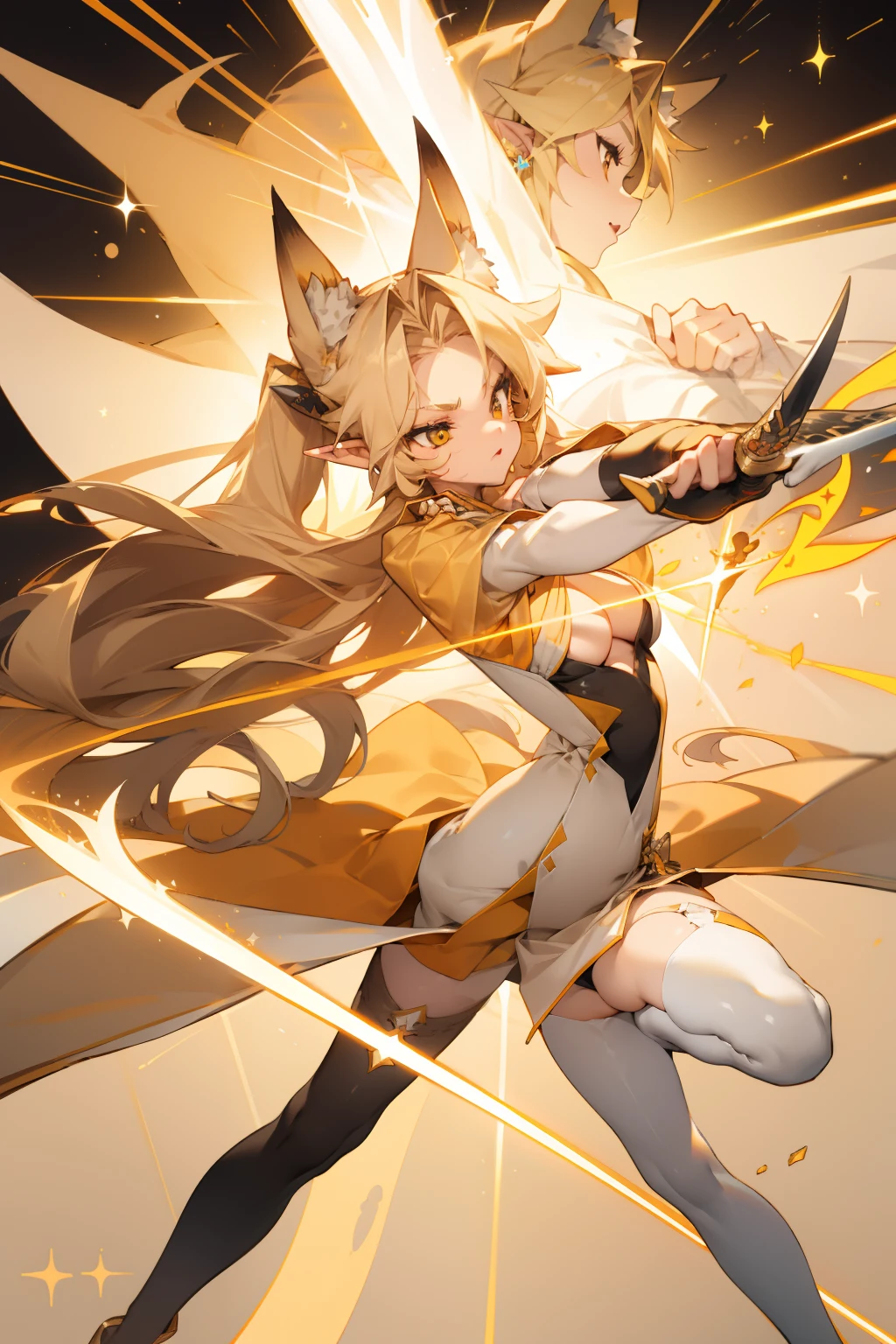 pointy ears，Long beige hair，one-girl，Bigboobs，fox ear，Two legs，White knee-length stockings，（middle parted hairstyle），Sideburns have long hair，Star decoration，The sword，Long sword，Sword drawing pose
