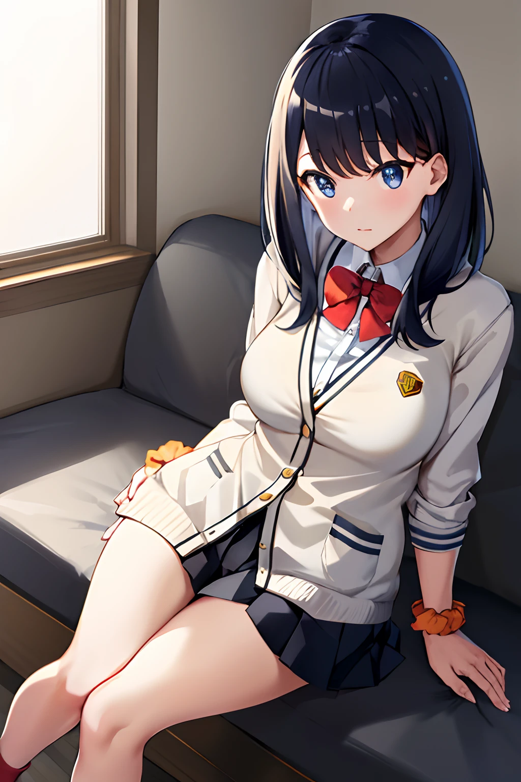 masterpiece, best quality, highres, takarada rikka, rikka1, 1girl, takarada rikka, black hair, solo, blue eyes, wrist scrunchie, long hair, red socks, school uniform, black skirt, bangs, pleated skirt, orange scrunchie, red bow, white cardigan, long sleeves, bowtie, loafers, white shirt, miniskirt, white sweater, large breasts.