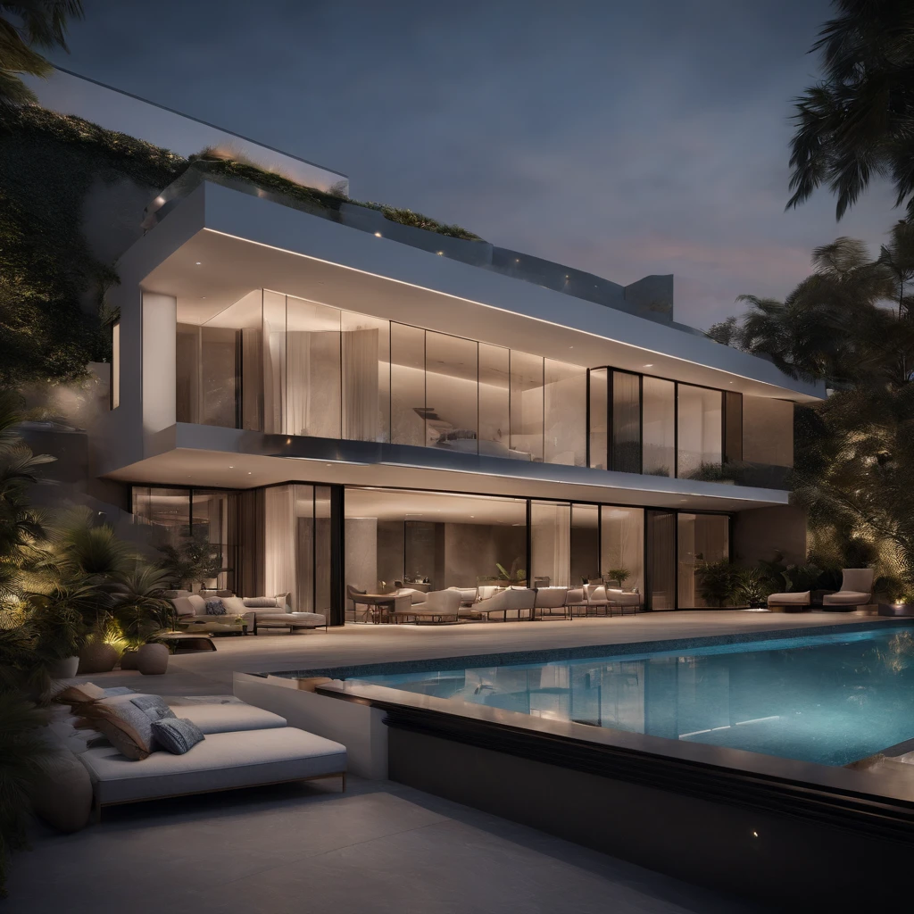 Luxury home with meticulous design,Adopt a minimalist style. The 8K resolution showcases the building's high texture and intricate details. The use of professional lighting enhances the overall atmosphere, Create a visually striking and sophisticated living environment
