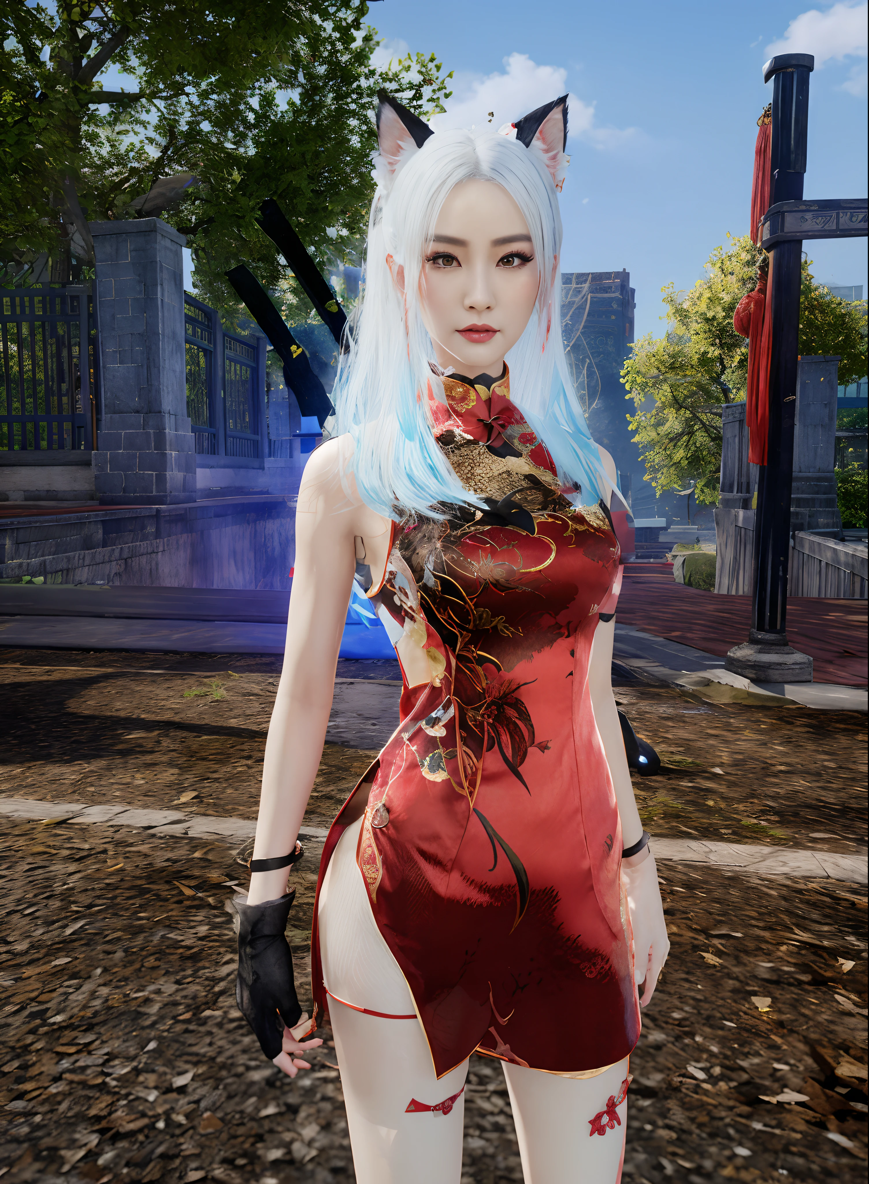 there is a woman in a red dress with a cat ears and a sword, cheongsam, inspired by Luo Mu, wearing a red cheongsam, inspired by Pu Hua, inspired by Dai Xi, fashion gameplay screenshot, inspired by Lan Ying, chinese dress, inspired by Ren Xiong, blade and soul, in a blue qipao