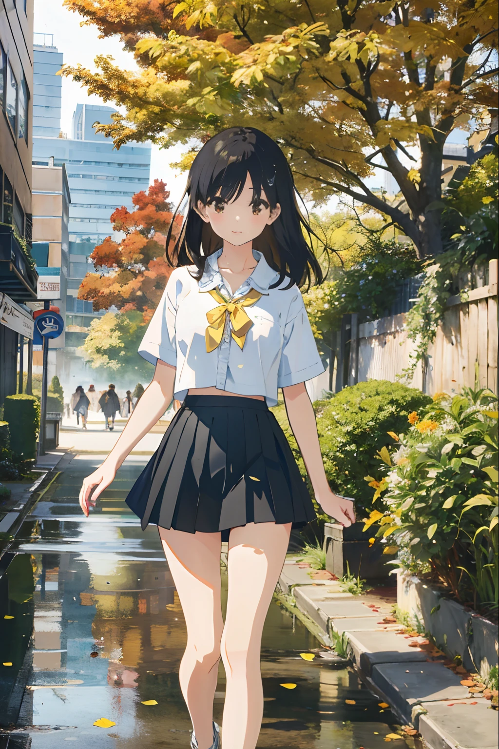 Masterpiece-level painting, Highest Quality, Ultra High Definition CG Woman, hightquality))、(​masterpiece)、Very elaborate CG Unity 8K wallpapers、GameCG、Stand quietly under a tree, Wearing a super mini skirt and folding shirt, Mini skirt fluttering in the wind, Her long hair is smooth like flowing water, Petals flying in a rainstorm. Surrounded by the blue cityscape of the fence, Chain fences and buildings、(autumnal)、Rows of yellow ginkgo trees、ginkgo