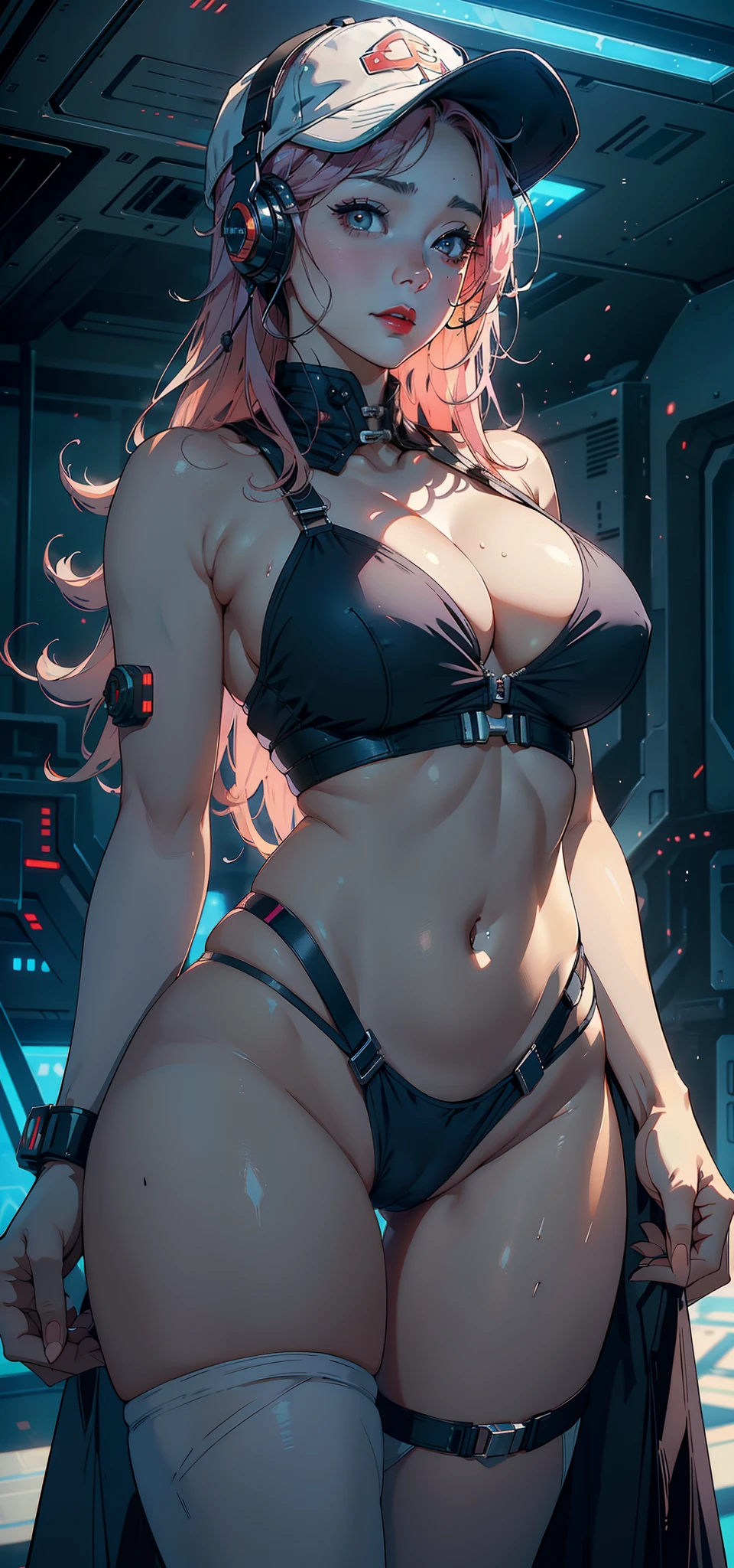 1female,45 yers old,Married Woman,熟妇,mature,plumw,extremely large bosom,Big breasts Thin waist,long leges, 独奏,(Background with:,star war,Huge spaceship,deathstar,) She has long pink hair,bobo head,,seen from the front, Stand in a spaceship, mostly cloudy sky,(((tmasterpiece),(Very detailed CG unity 8K wallpaper),best qualtiy,cinmatic lighting,detailed back ground,beatiful detailed eyes,Bright pupils,Black eyes,Snow-whiteskin,Redlip(Very fine and beautiful),(Beautiful and detailed eye description),ultra - detailed,tmasterpiece,))facing at camera,A high resolution,ultra - detailed),laughingly,revealing breasts,Bare genitalia, Bulge,legs are open,Raised sexy,Camel toes,Flushed complexion,Desire for dissatisfaction,frontage,(Wearing:headset on head,baseball cap,Transparent apron,Transparent red hanfu)cyber punk style