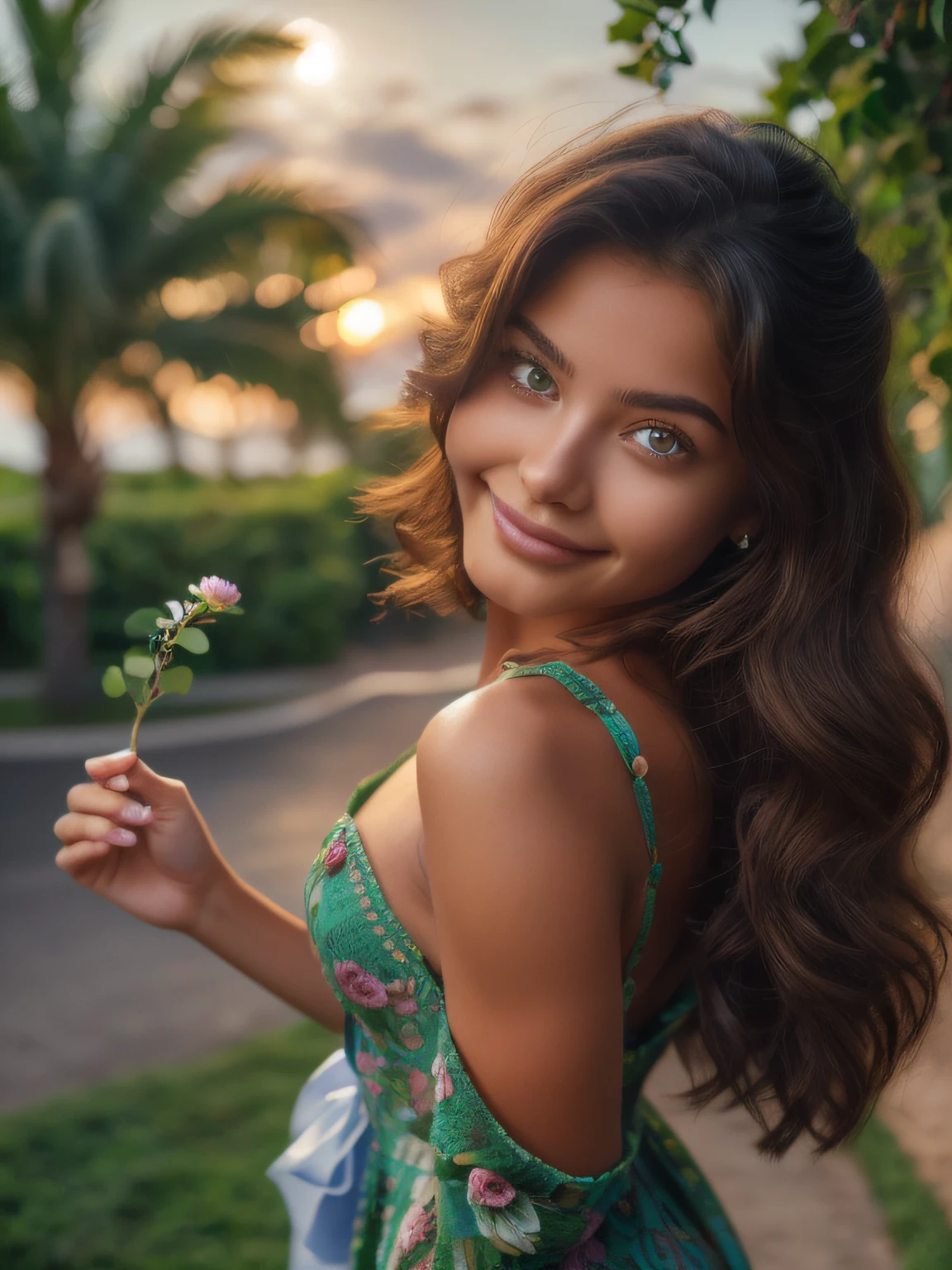 Ultra Realistic Color Photographic Portrait by Professional Photographer of Beautiful Brazilian Woman, (cabelos castanhos cacheados), (olhos castanhos em tons verdes e roxos, in very high definition), Foto da frente, (Wearing a long closed dress in lilac color with flowers made of knitting), fazendo pose, menina 24 anos. Sharp and detailed photo, Alto contraste. standingn, (Holding a beautiful rose in your hand). (expression happy, gentil e cativante), (sorrir: 5.8). The Crisp Background, apenas luzes e sombras indistintas, (High-resolution eyes, hiper detalhados, Anatomical, Sharp, proportional irises in both eyes, anatomical proportional eyelid anatomical in very high resolution in both eyes), (Perfect hands in ultra-high resolution, hiper detalhadas, Anatomical, dedos polegares, indicadores, Average, Well-defined annulars and ultra-high-resolution minimums, anatomical and proportional in both hands, Perfect natural nails in very high resolution in perfect compliance and alignment with the fingers), raios de sol,（em 8k)、qualidade superior、obra prima, alta resolução,　Sob o Mar、Half of the body is used、olhando para cima、sun sunset、artistic