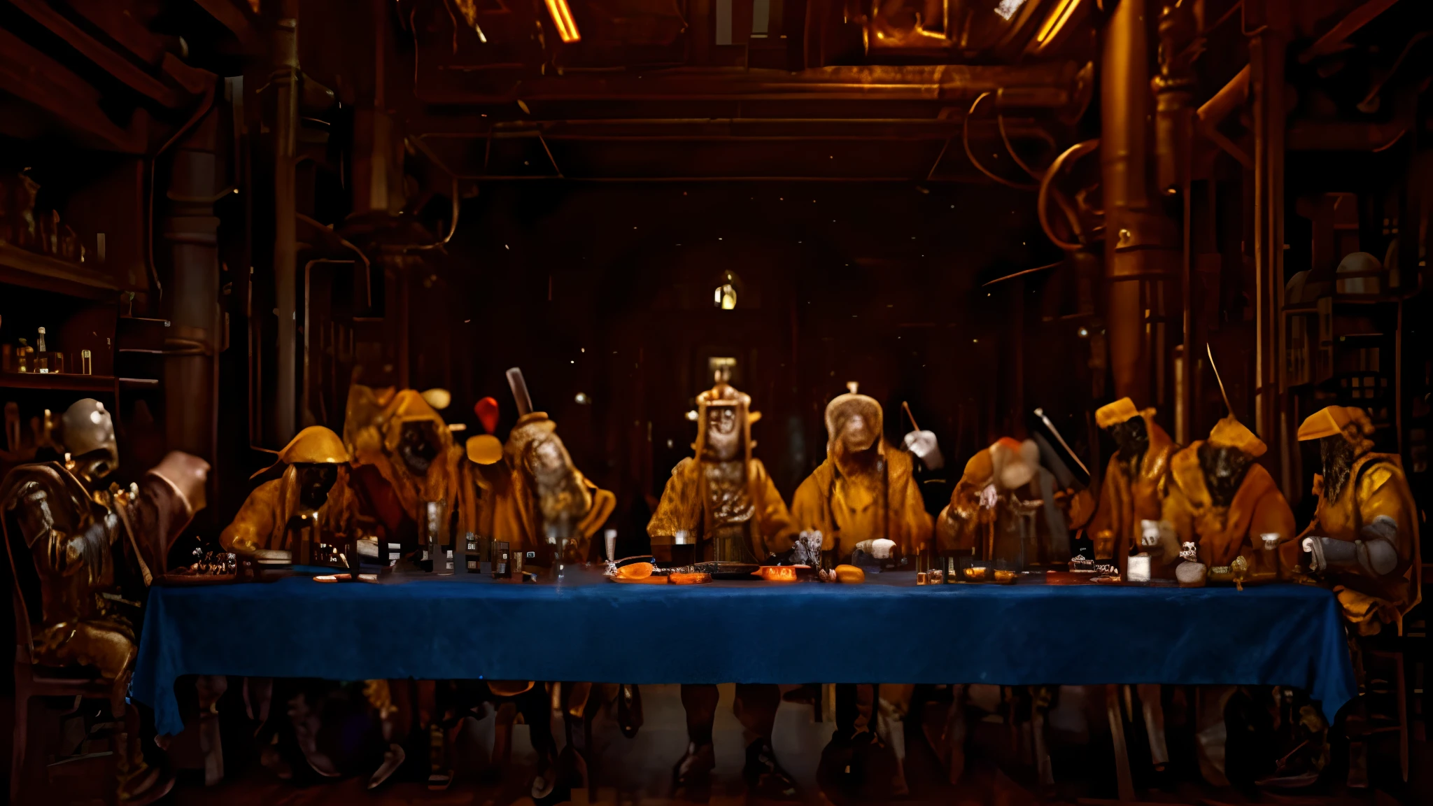 Image of Arafard sitting at a table with a group of knights, The Last Supper realistic robot, aliens in the last supper, called 'the last supper', Steampunk parties, robed figures sat around a table, last supper, as chefs inside cthulhu, last supper, last supper composition, solarpunk cantine, in a steampunk laboratory, last supper