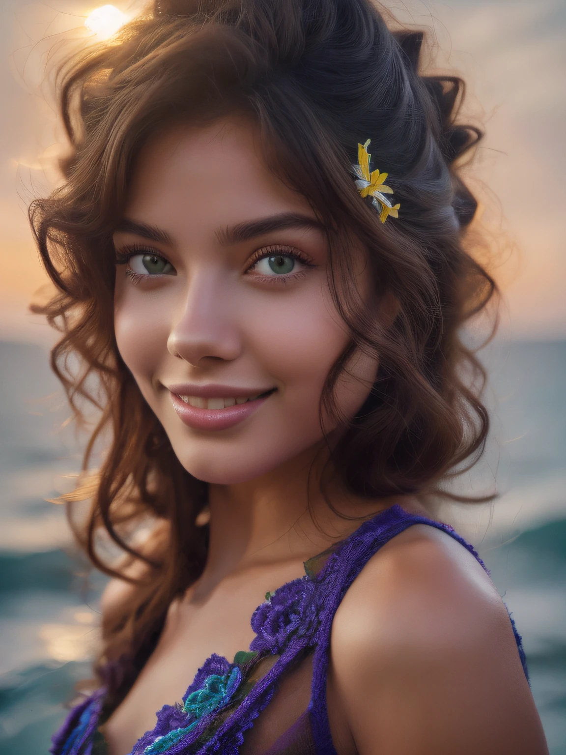 Ultra Realistic Color Photographic Portrait by Professional Photographer of Beautiful Brazilian Woman, (cabelos castanhos cacheados), (olhos castanhos em tons verdes e roxos, in very high definition), Foto da frente, (Wearing a long closed dress in lilac color with flowers made of knitting), fazendo pose, menina 24 anos. Sharp and detailed photo, Alto contraste. standingn, (With birthday hat on his head). (Smiling expression, gentil e cativante), (sorrir: 8.8). The Crisp Background, apenas luzes e sombras indistintas, (High-resolution eyes, hiper detalhados, Anatomical, Sharp, proportional irises in both eyes, anatomical proportional eyelid anatomical in very high resolution in both eyes), (Perfect hands with five fingers in ultra-high resolution, hiper detalhadas, Anatomical), raios de sol,（em 8k)、qualidade superior、obra prima, alta resolução,　Sob o Mar、Half of the body is used、olhando para cima、sun sunset、artistic