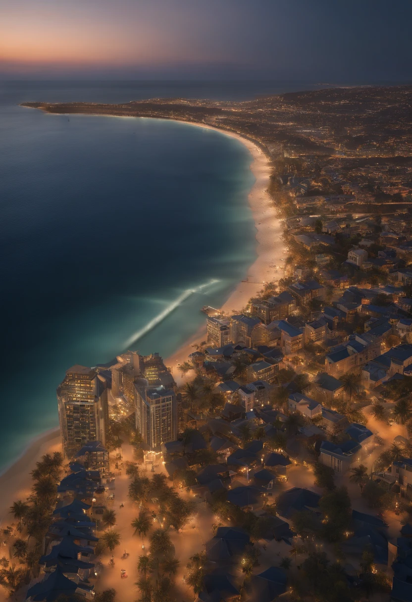 (masterpiece, cinematic quality IMAX:1.3), (aerial isometric view of a coastal city at sunset:1.2), (Nikon Z7 camera, perfect for capturing sprawling cityscapes:1.2), (paired with a Nikon AF-S NIKKOR 24-70mm f/2.8E ED VR lens:1.2), (the golden sun sinking below the horizon, casting a warm glow over the city:1.2), (crystal-clear waters lapping at sandy beaches:1.2), (the city's skyline, a blend of modern skyscrapers and charming coastal architecture:1.2), (a moment frozen in time, capturing the beauty of urban life meeting the sea:1.2), (hyper-realistic, showcasing the vibrant colors and serene atmosphere:1.3), (an image that transports viewers to a picturesque coastal paradise:1.2), (a glimpse of the harmonious coexistence of city and sea:1.2), Cinematic, Hyper-detailed, insane details, Beautifully color graded, Unreal Engine, DOF, Super-Resolution, Megapixel, Cinematic Lighting, Anti-Aliasing, FKAA, TXAA, RTX, SSAO, Post Processing, Post Production, Tone Mapping, CGI, VFX, SFX, Insanely detailed and intricate, Hyper maximalist, Hyper realistic, Volumetric, Photorealistic, ultra photoreal, ultra-detailed, intricate details, Super detailed, Full color, Volumetric lightning, HDR, Realistic, Unreal Engine, 16K, Sharp focus, Octane render, Boardwalk