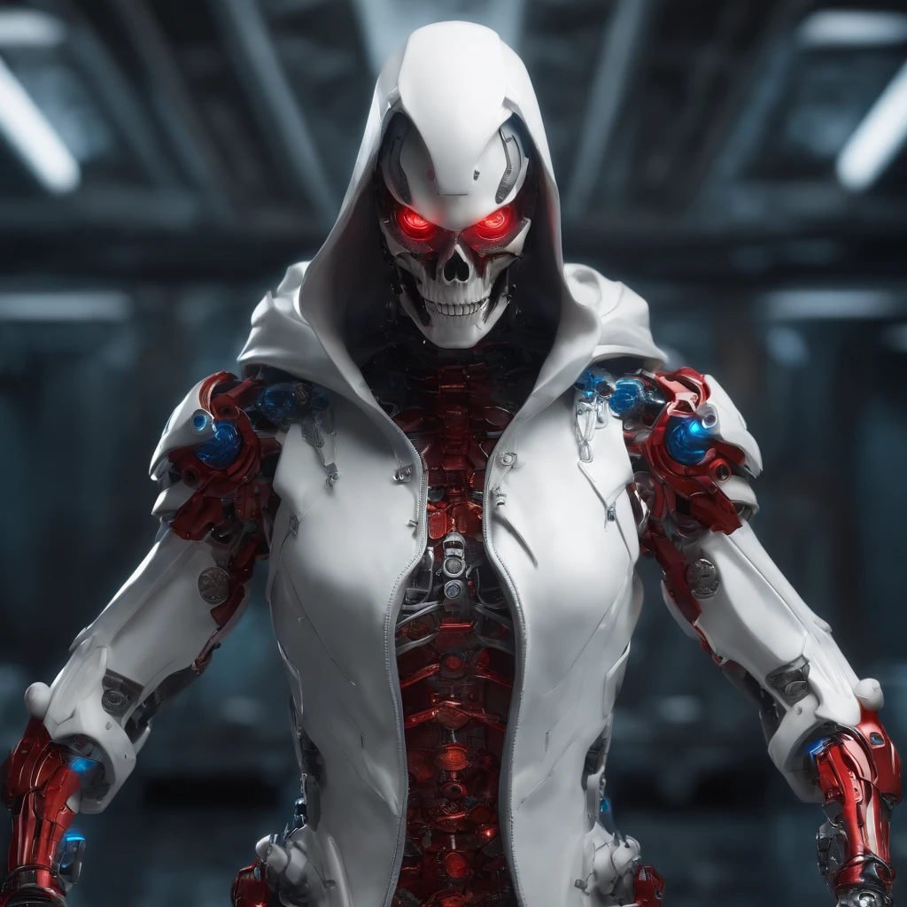 A post apocalyptic photo of a red hooded, alien and blue eyes features an angry alien, male creature, biomechanical android with translucent lingerie armor, scientific illustration with skeleton ornaments, white backgorund, alabaster skin, perfect face, hyper detailed, soul, skull and large teeth, hyper realistic robotic android mechanic, neo traditionalism, precision art, edgy, tattoo circuitry, dense atmospheric background. made by Mandy Jurgens and Mary Jurgens and Thomas Kinkade, Ambient occlusion, Cycles Render, Dim lighting, Arnold render, 8k, octane render, Artstation Artstation HQ, unreal, Miki Asai Macro photography, close-up, hyper detailed, trending on artstation, sharp focus, studio photo, intricate details, highly detailed, by greg rutkowski, Miki Asai Macro photography, close-up, hyper detailed, trending on artstation, sharp focus, studio photo, intricate details, highly detailed, by greg rutkowski