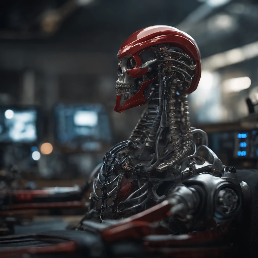 A post apocalyptic photo of a red hooded, alien and blue eyes features an angry alien, male creature, biomechanical android with translucent lingerie armor, scientific illustration with skeleton ornaments, white backgorund, alabaster skin, perfect face, hyper detailed, soul, skull and large teeth, hyper realistic robotic android mechanic, neo traditionalism, precision art, edgy, tattoo circuitry, dense atmospheric background. made by Mandy Jurgens and Mary Jurgens and Thomas Kinkade, Ambient occlusion, Cycles Render, Dim lighting, Arnold render, 8k, octane render, Artstation Artstation HQ, unreal, Miki Asai Macro photography, close-up, hyper detailed, trending on artstation, sharp focus, studio photo, intricate details, highly detailed, by greg rutkowski, Miki Asai Macro photography, close-up, hyper detailed, trending on artstation, sharp focus, studio photo, intricate details, highly detailed, by greg rutkowski