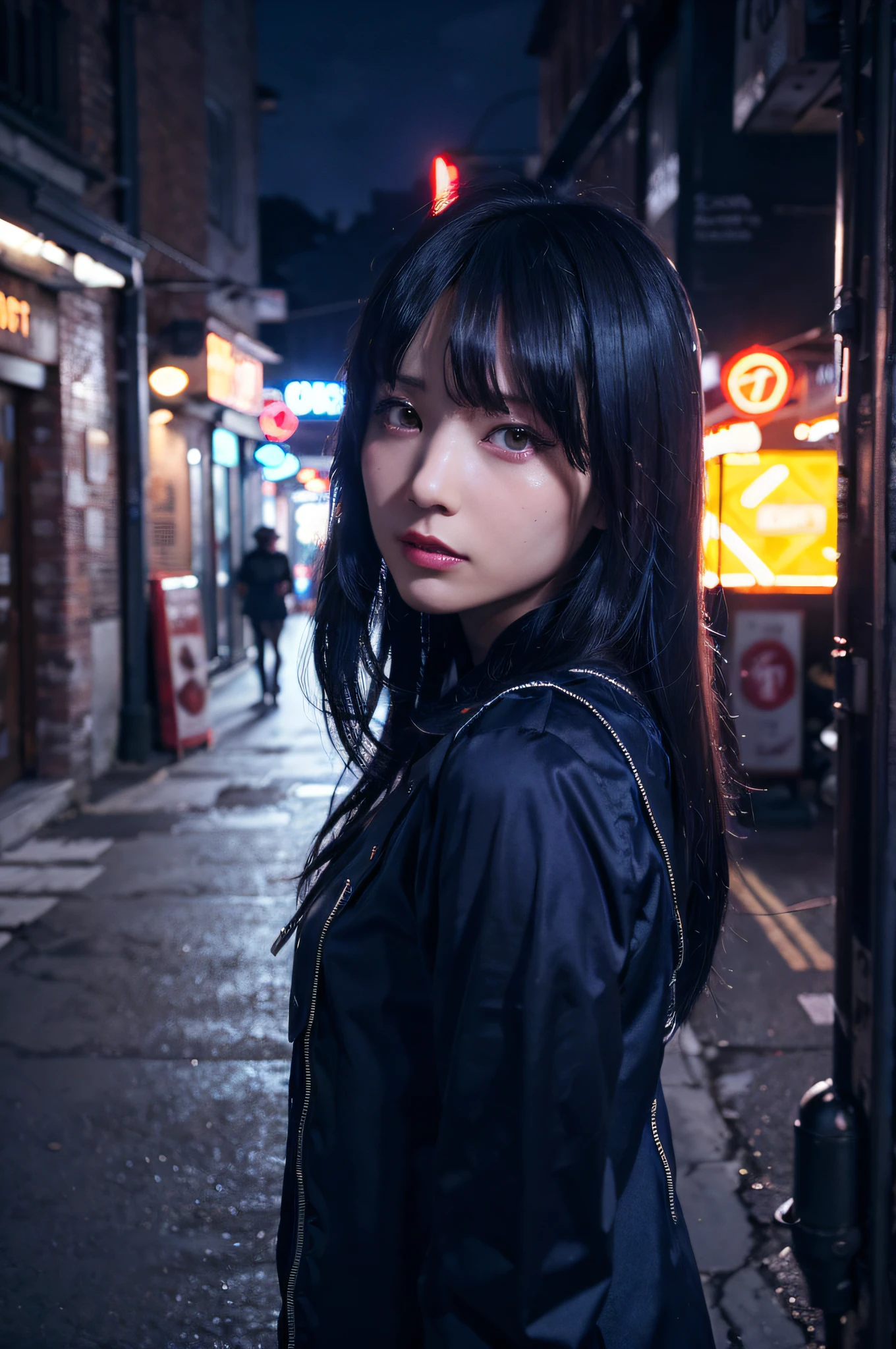 ((masutepiece)), ((Best Quality)), (Ultra-detailed), ((Extremely detailed)), 4K, (8K), Best Quality, (Beautiful), Dynamic Angle, city, Back alley, Night, Cute little girl s, 1girl in, Solo, Maniacal, Blue and dark blue marble color hair, Steampunk, accessorized, Clothes that glow like neon, , 0, ((Beautiful eyes)), Cool, Neon light, shiny