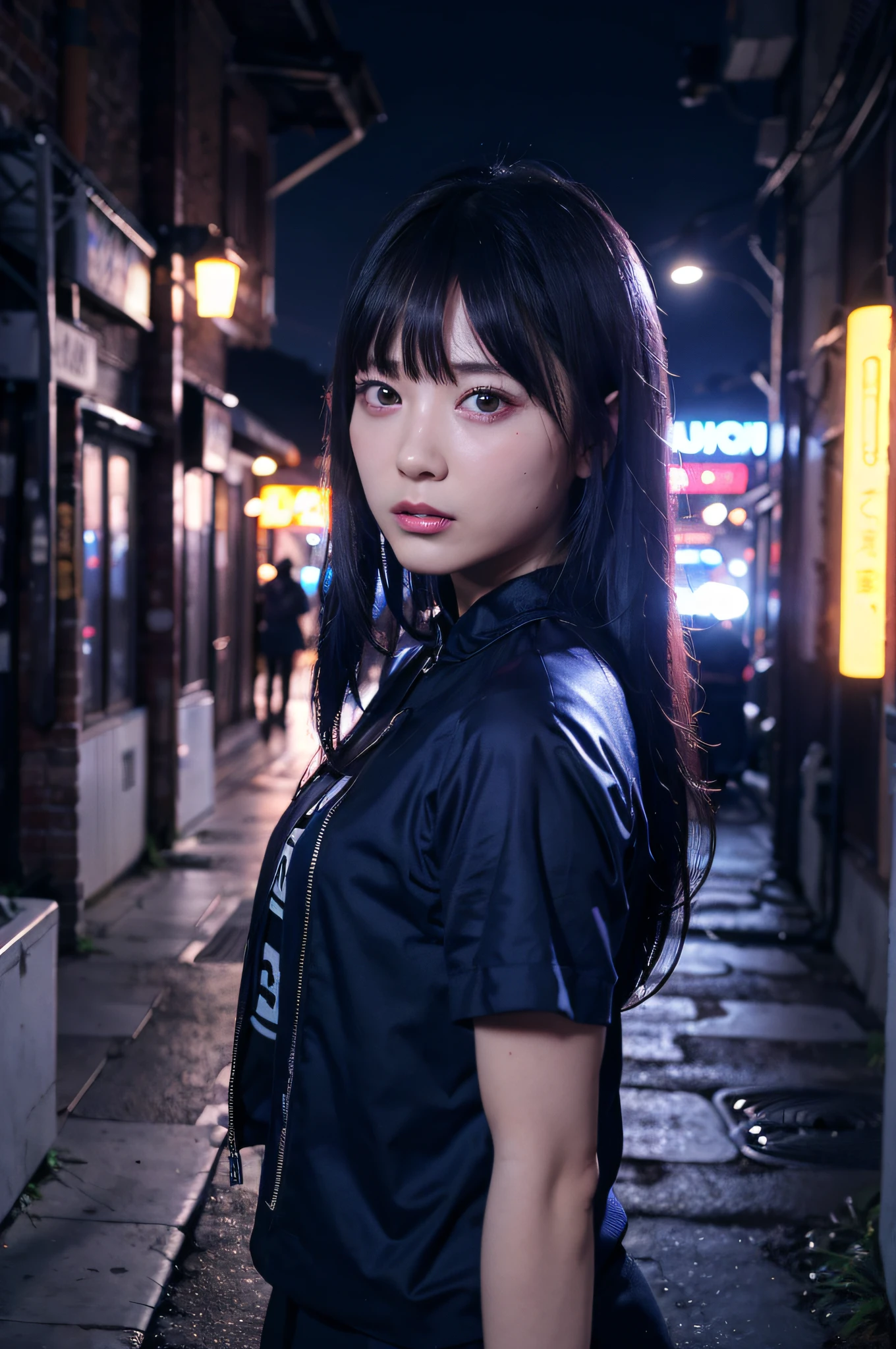((masutepiece)), ((Best Quality)), (Ultra-detailed), ((Extremely detailed)), 4K, (8K), Best Quality, (Beautiful), Dynamic Angle, city, Back alley, Night, Cute little girl s, 1girl in, Solo, Maniacal, Blue and dark blue marble color hair, Steampunk, accessorized, Clothes that glow like neon, ,  0, ((Beautiful eyes)), Cool, Neon light, shiny