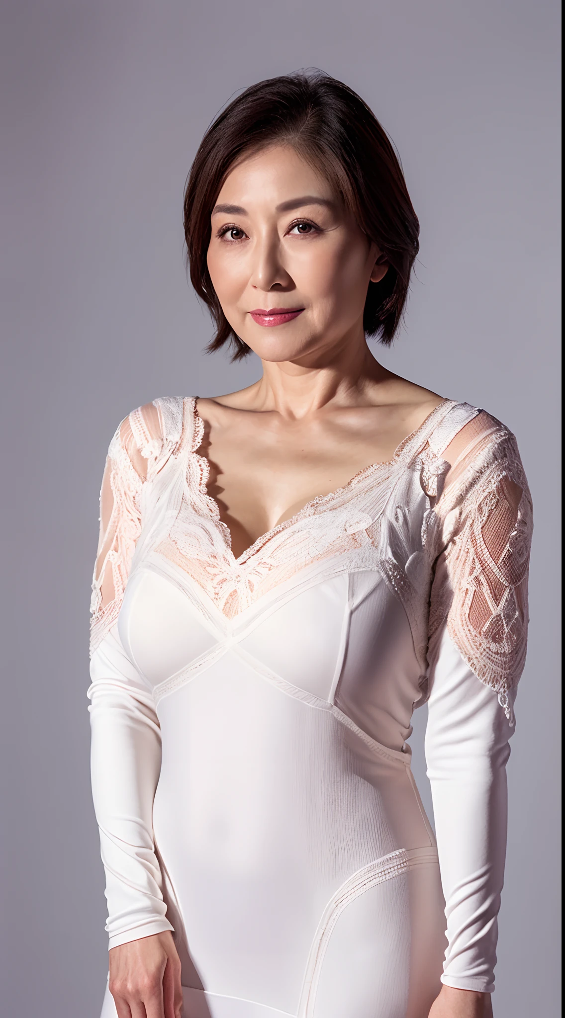 Composition of thirds, Sharpen, Single-color background, gravure, masutepiece, Best Quality, Ultra-detailed, Photorealistic, super detailed skin, Perfect Anatomy, (1 japanese mature woman), (Solo), 90 years old, Large breasts, Mature AV Actress, glamor, A sexy, Chromo-white skin, Looking at Viewer