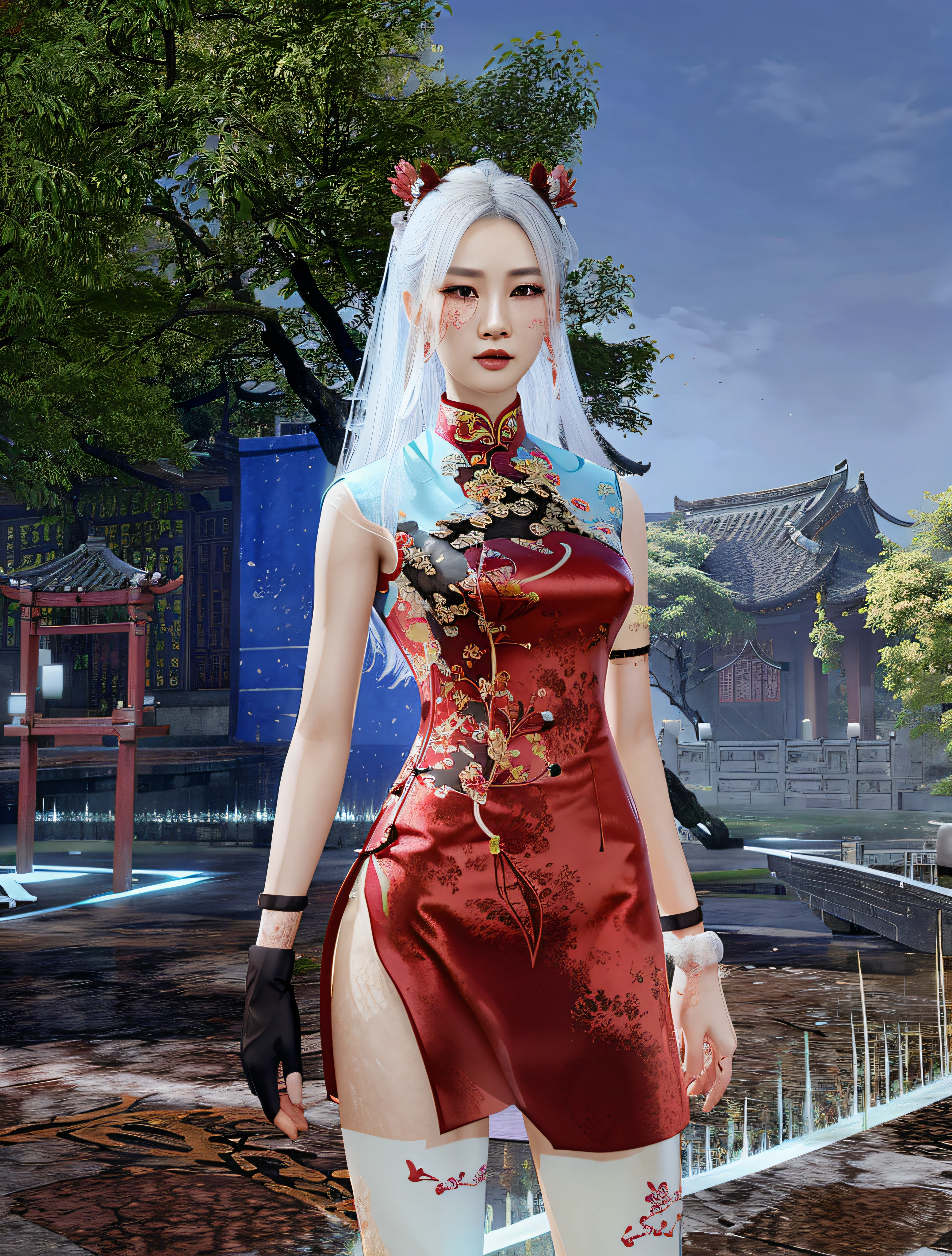 there is a woman in a red dress standing in a courtyard, cheongsam, inspired by Pu Hua, fashion gameplay screenshot, beautiful screenshot, inspired by Dai Xi, inspired by Chen Lu, chinese dress, inspired by Lan Ying, inspired by Ai Xuan, wearing a red cheongsam, full body xianxia, in a blue qipao