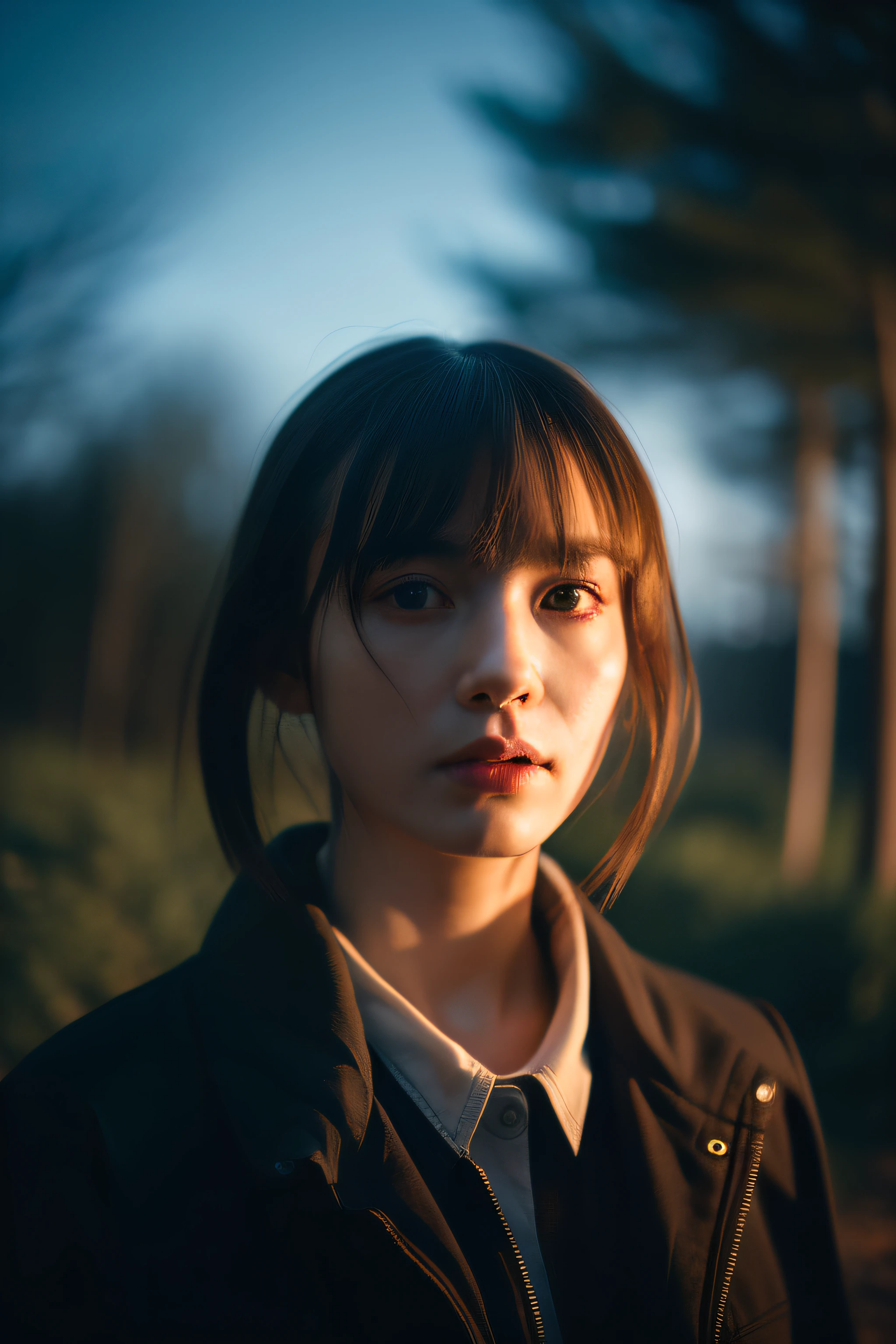 photo, face portrait, asian_european woman, 20 years old, close-up, 4mm - 14mm focal length, rain glare and reflection, absurdres, red hair, front bangs, flowers