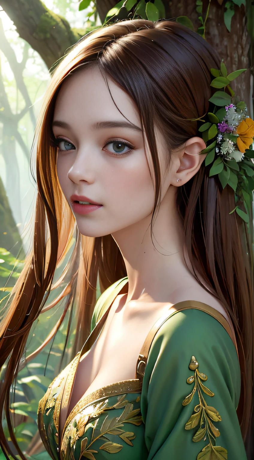 (best quality,4k,8k,highres,masterpiece:1.2),ultra-detailed,(realistic,photorealistic,photo-realistic:1.37), enchanted, ethereal atmosphere, vibrant colors, soft sunlight, (mystical, dream-like:1.1) feel, intricate details of leaves and trees, magical glow, tranquil, serene ambiance, captivating, mesmerizing scene,
medium: oil painting,
A girl stands gracefully in the midst of a lush forest. Her eyes are beautifully detailed, captivating anyone who gazes into them. The forest around her is filled with an ethereal atmosphere, creating an enchanting and magical glow. The composition of the scene is perfectly symmetrical, with the girl positioned at the center, surrounded by tall trees and a canopy of leaves.
The background is filled with intricate details, showcasing the rich and vibrant colors of nature. The sunlight filters through the leaves, casting a soft and gentle glow on the forest floor. The atmosphere feels mystical and dream-like, transporting the viewer to a tranquil and serene ambiance.
The level of detail in this painting is truly amazing, with each leaf and tree finely and realistically depicted. The painting itself is of the highest quality, with a resolution of 4k or even 8k, resulting in an ultra-detailed and immersive experience. The colors are vivid and vibrant, creating a visually stunning and captivating scene. The lighting is carefully crafted, with the soft sunlight illuminating the girl and the forest, adding depth and dimension to the painting.
Overall, this painting portrays a mesmerizing and enchanting scene, where the beauty of nature and the serenity of the forest combine to create a truly remarkable masterpiece.