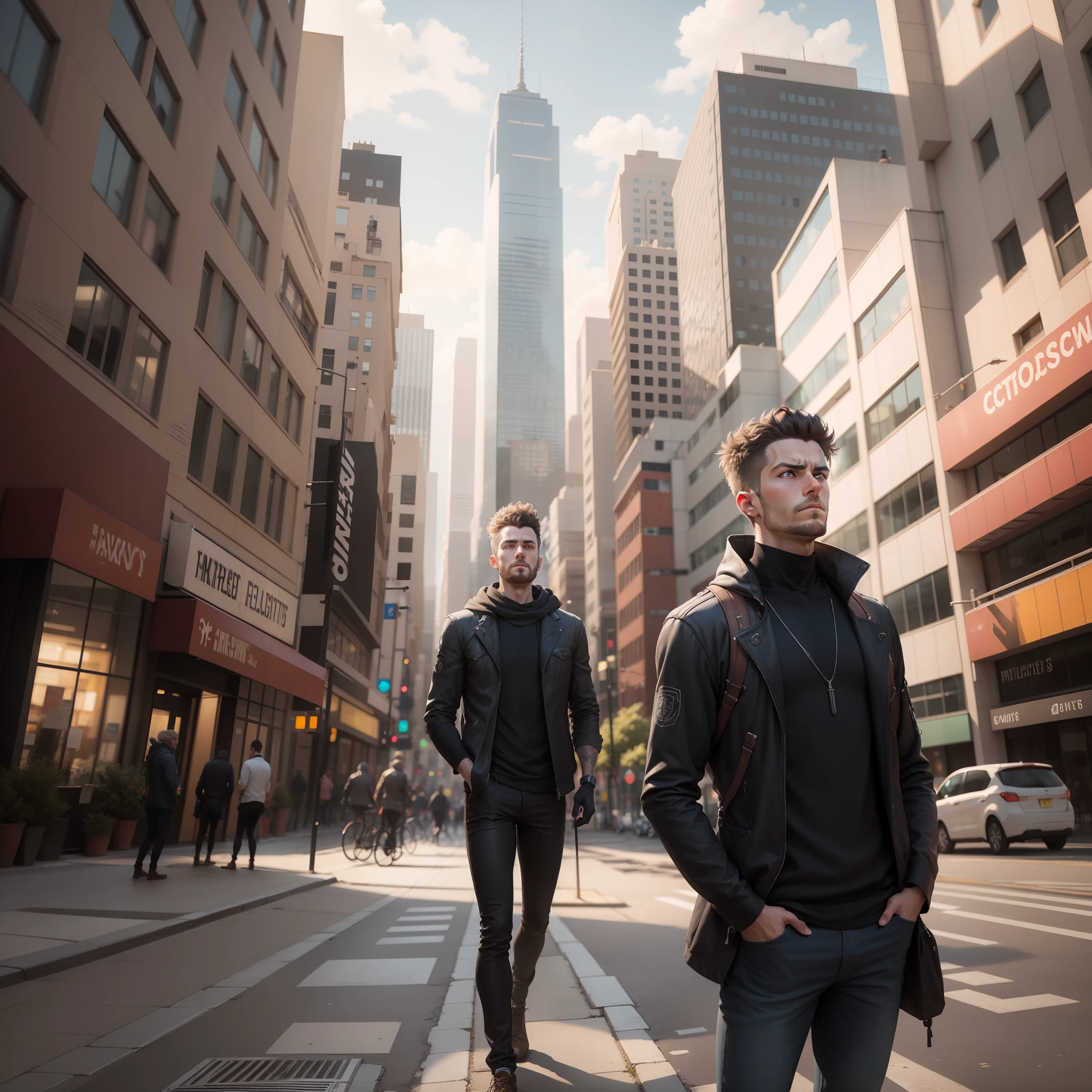 Modern stoic in front of a city