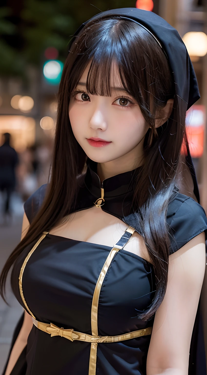 top-quality,8K,masterpiece:1.3),(超A high resolution,Photorealsitic:1.4,RAW shooting),(ultra-detailliert,Caustics,perfect anatomia),(hyper detailed background,Ultra-realistic capture,beautifully detailed eyes),(Scramble crossing in Shibuya:1.1),Halloween Decorations,(Girl in nun clothes),japanes,20yr old,kawaii,pretty black hair,large boob,Staring at this,Naughty look, natta,Dynamic lighting,