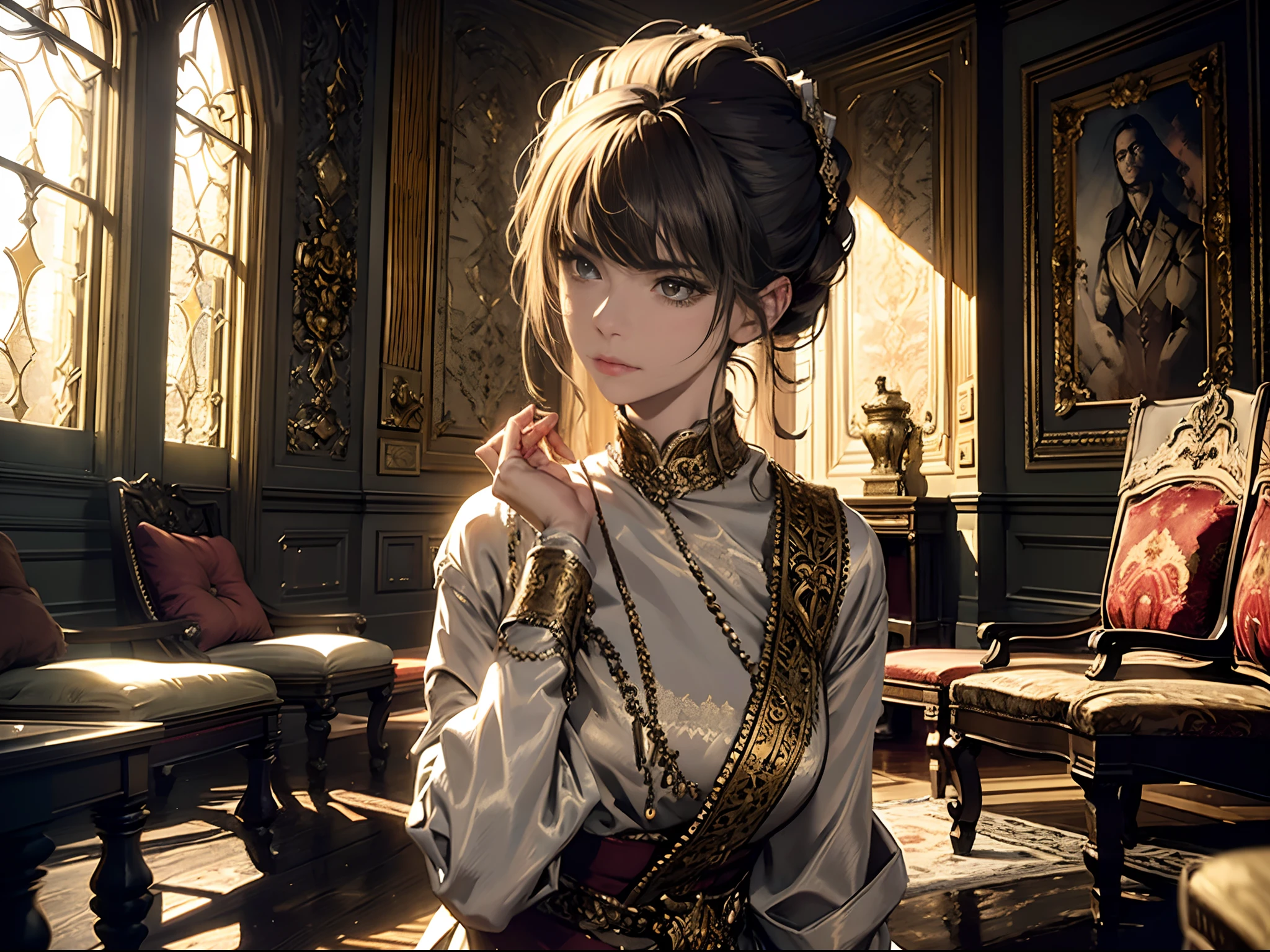 (a mansion interior),1girl,(sad expression),highres(photorealistic:1.4),cinematic vibes,dramatic lighting,detailed room,grand chandelier,ornate furniture,antique decor,soft natural light,velvet drapes,gold accents,marble fireplace,elegant staircase,subtle shadows,rich color palette,intricate patterns,reflective surfaces,expansive space,quiet atmosphere,emotional depth,mysterious ambiance,luxurious textures,fine art paintings,posh aesthetics,serene mood,gloomy tone,nostalgic feel,timeless beauty,whispers of the past,secretive ambiance,fading elegance,lost memories,lonely girl in an opulent setting,melancholic atmosphere