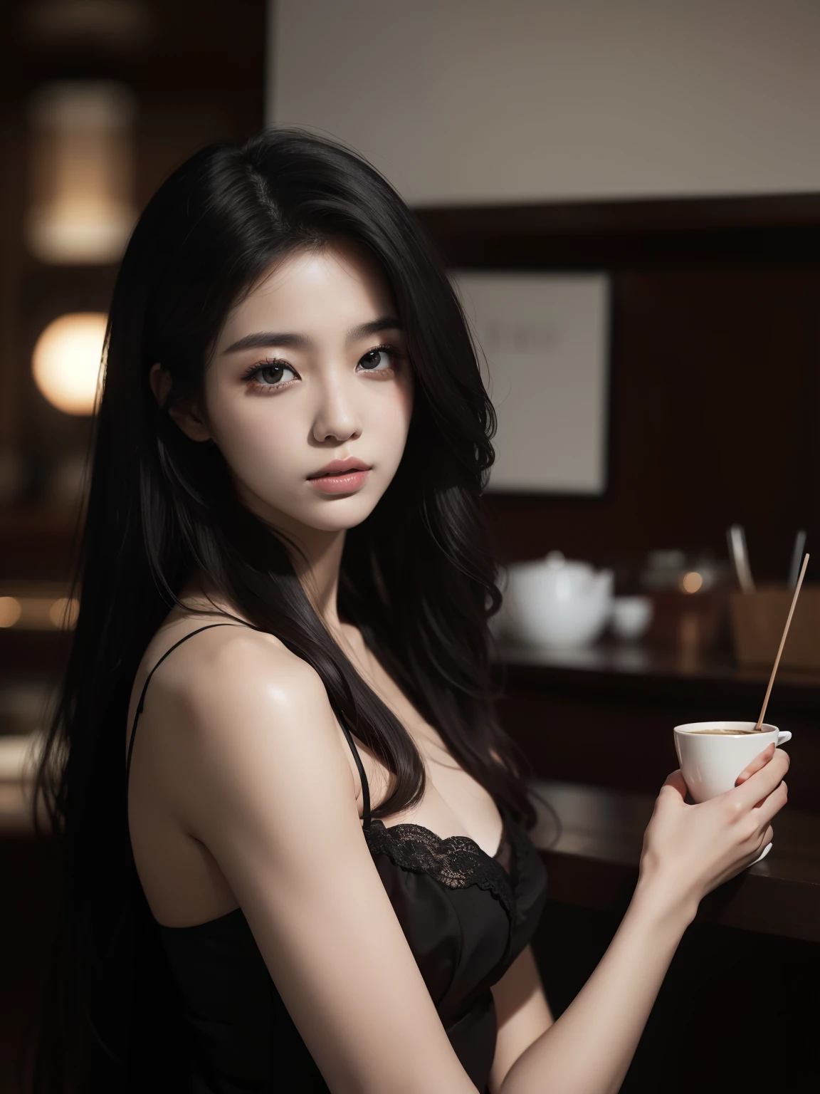 best qualityer, Masterpieces, Super high resolution, (photograph realistic:1.5), Original image,Black dress ,Korean 1girl, offshoulder, In the dark, deepshadow, low tune, Cold light, Sexy look, long whitr hair,Cafe,pretty,lim light,swirling hair