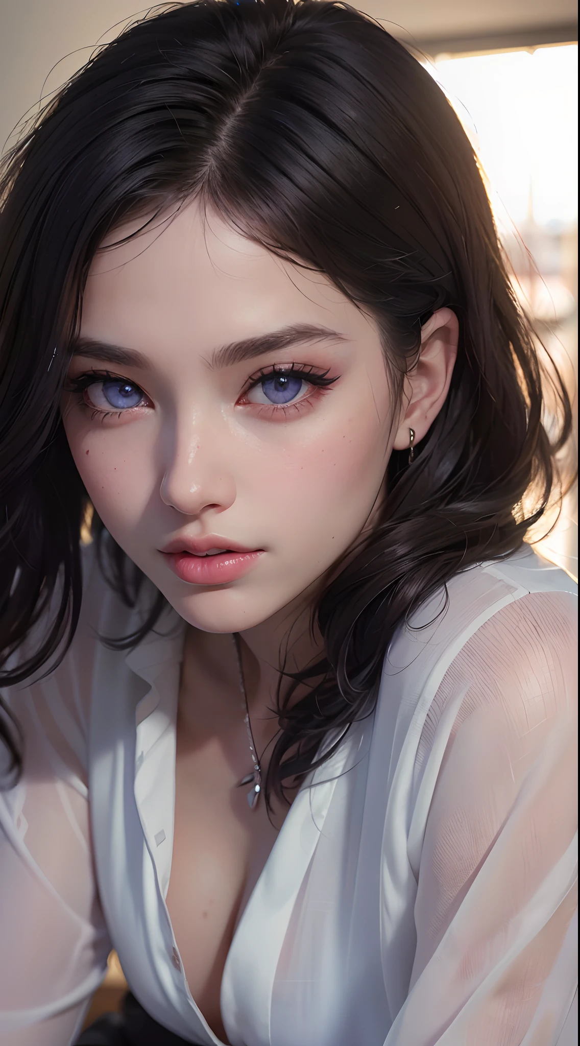 (best quality,4k,8k,highres,masterpiece:1.2), ultra-detailed, (realistic,photorealistic,photo-realistic:1.37), (beautiful detailed eyes, beautiful detailed lips, long eyelashes), studio lighting,physically-based rendering,vivid colors, (Violet eyes, office style, white blouse, black skirt), (Very bright lighting:1.5),