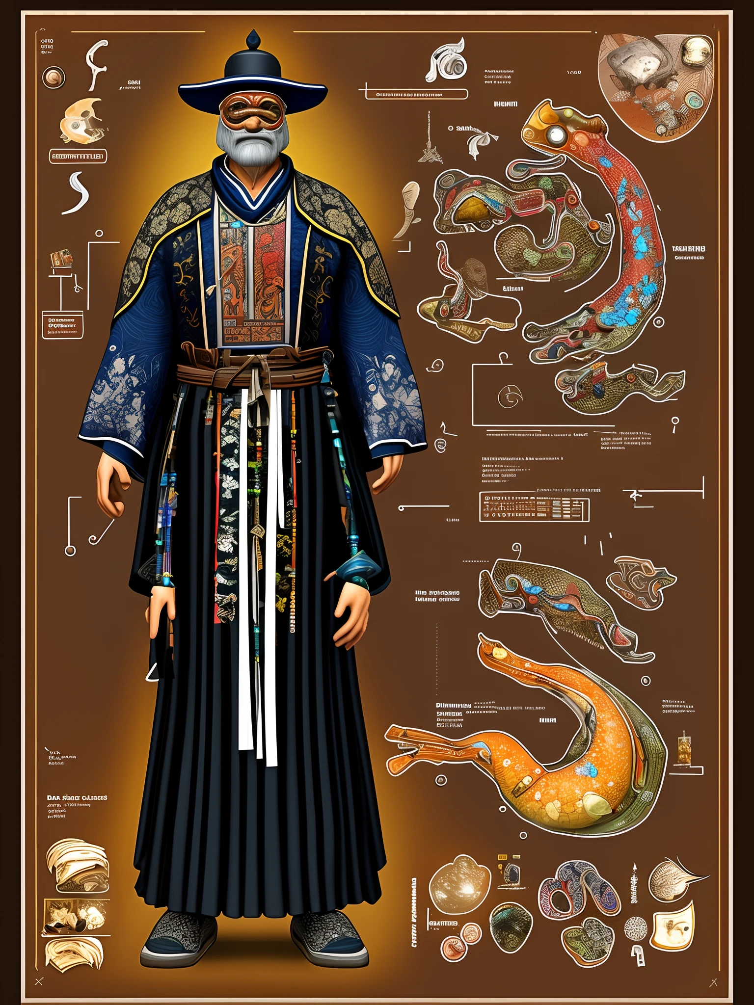 Elder Yolmius of the Olm folk. He has a long tall body and the head of an olm amphibian. human like body shape with a long tail. His tail gets longer as he ages. He is very old. He wears a ronin hat. He wears a blindfold with glowing glyphs all over it. He uses a long dark wooden cane with glowing glyphs all over it. He wears a tibetan black outfit with white accents. The outfit is adorned with his black gill strands. Elder yolmius is an olm human hybrid.