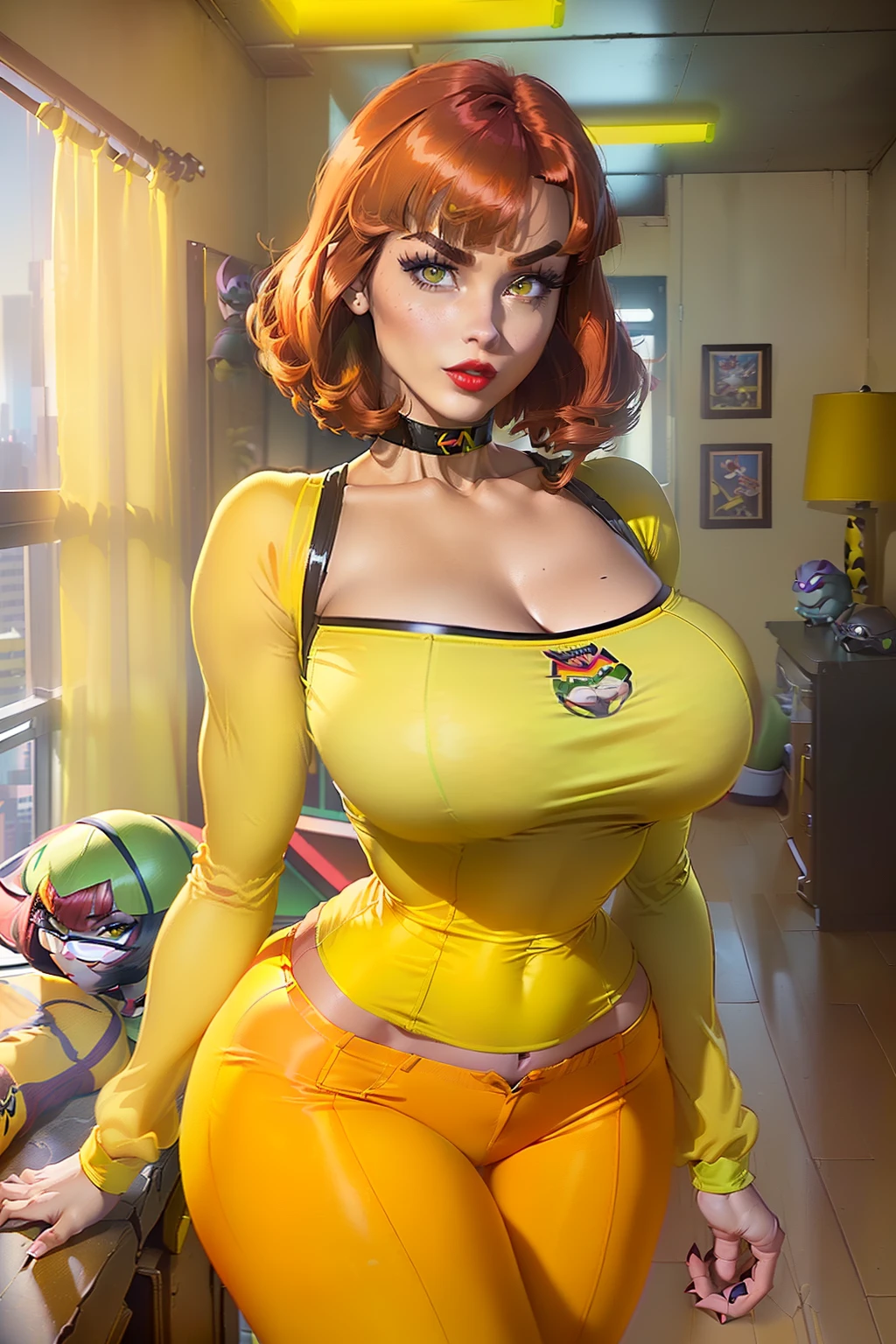 ((April oneil from age mutant ninja turtles animated series)) ((beautiful face)) (red lips) ((big bright eyes)) ((short brown hairstyle with bangs)) ((very huge breasts) (perfect slim body) (wears yellow long sleeves shirt and yellow pants outfit)) ((choker)) ((posing sexy inside apartment)) (high definition, dynamic lights and shadows) ((masterpiece)) (8k) (perfect face) (best quality) (perfect hands and eyes)