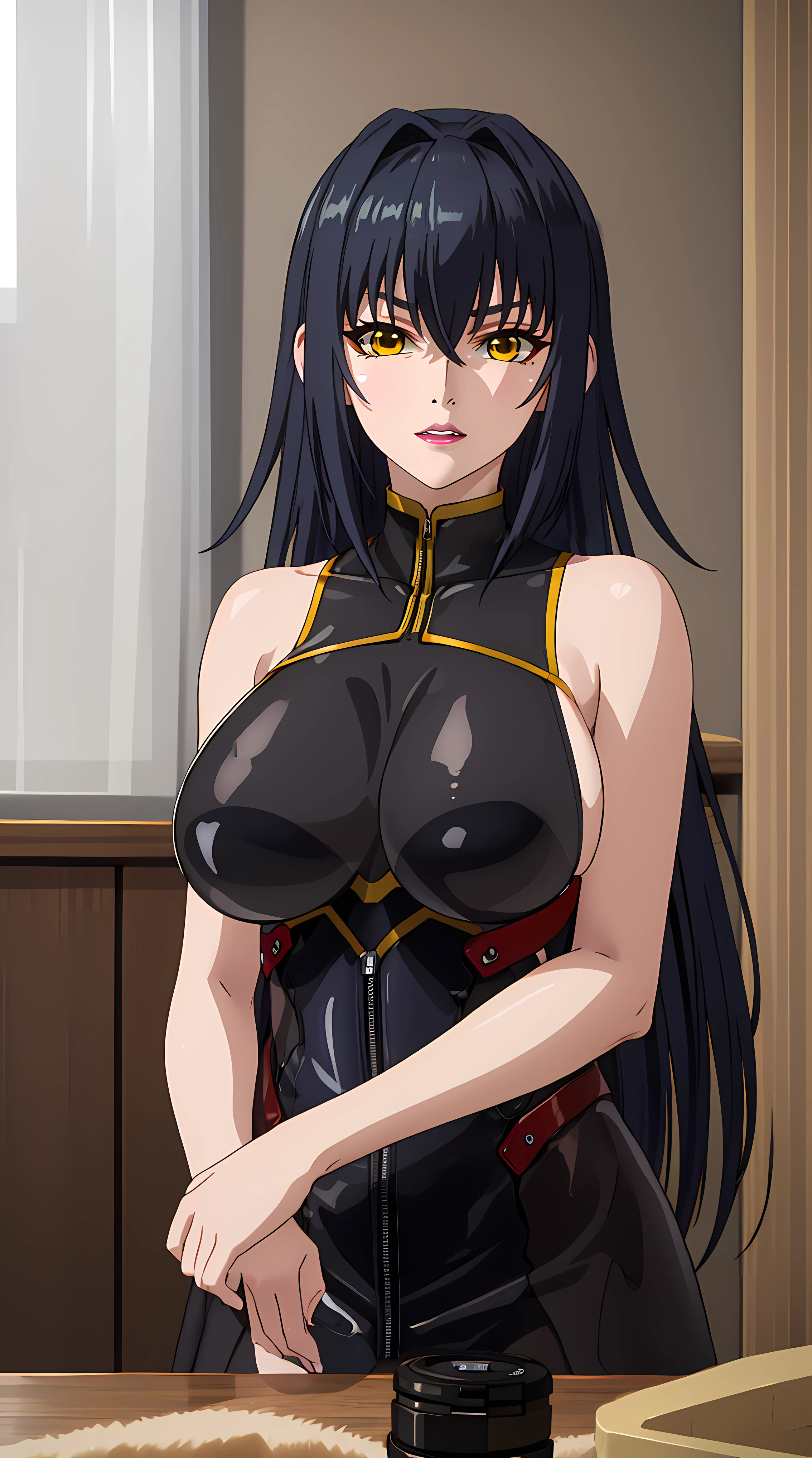 professional artwork, Intricate Details, field of view, sharp focus, detailed painting, photorealistic lighting, trending on pixiv, (masterpiece:1.0),(best_quality:1.0), ultra high res,4K,ultra-detailed, photography, 8K, HDR, highres, absurdres:1.2, Kodak portra 400, film grain, blurry background, bokeh:1.2, lens flare, (vibrant_color:1.2),
(Annerose:1), 1girl, female mature, black hair, long hair, yellow eyes, large breasts, bodysuit, higheels, shiny clothes, skin tight, hair intakes, covered breasts, sideboob,
simple background, indoors,