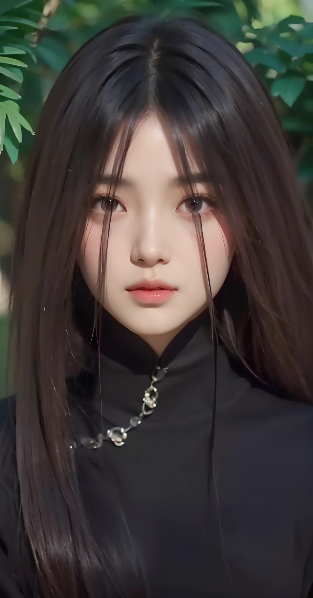 life adaption of this character, Korean  beauty face, cool expression,realistic same hair,(realistic same outfit), realistic background, hyper realistic, realistic light, realistic shadow, realism,(photorealistic:1.2), looking to viewer, shining red eyes