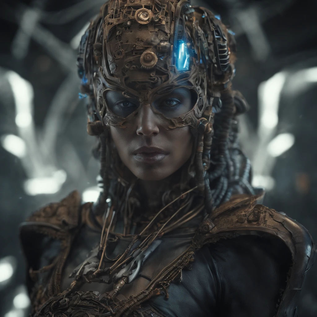 In a futuristic metropolis, Cyborg Woman, Her clothes were torn to shreds, Standing against the backdrop of towering holographic billboards, In a sea of bustling crowds, It shows the fusion of man and machine in the cyberpunk world., digital art, High-resolution rendering,