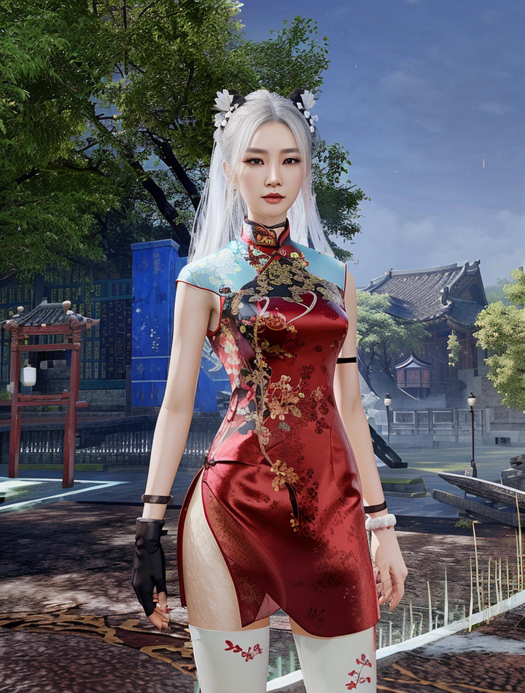 there is a woman in a red dress standing in a courtyard, cheongsam, inspired by Pu Hua, fashion gameplay screenshot, beautiful screenshot, inspired by Dai Xi, inspired by Chen Lu, chinese dress, inspired by Lan Ying, inspired by Ai Xuan, wearing a red cheongsam, full body xianxia, in a blue qipao