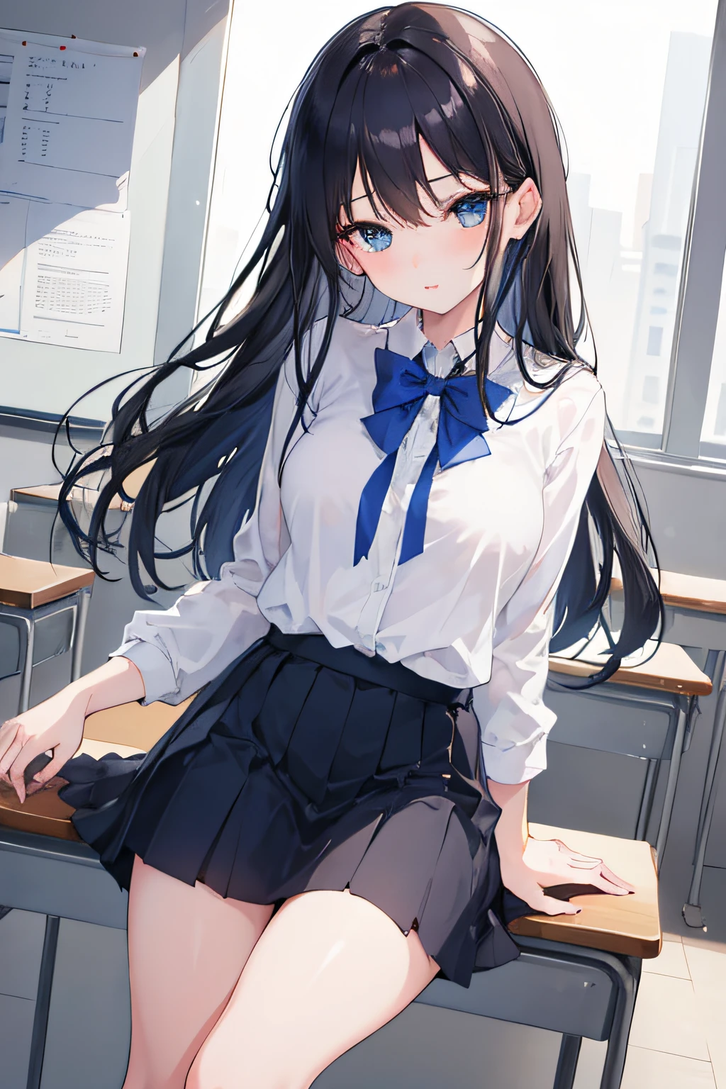 (8K、Raw photography、top-quality、​masterpiece:1.2)、(realisitic、Photorealsitic:1.37)、ultra-detailliert、超A high resolution、see the beholder、beautifull detailed face、Shy laughter、(Slim waist:1.3)、(Blue eyeodiesian with big and beautiful breasts body portrait、Girl with long black hair、High school students、18year old、length hair、Black sailor suit、Black pleated skirt、white socks white ribbon、Hands of precise detail)Beautiful detailed skin、Skin Texture、shinny skin、profetional lighting、girl with、Solo、1 persons、with blush cheeks、‎Classroom、Sitting at a desk、(hold both hands between thighs)