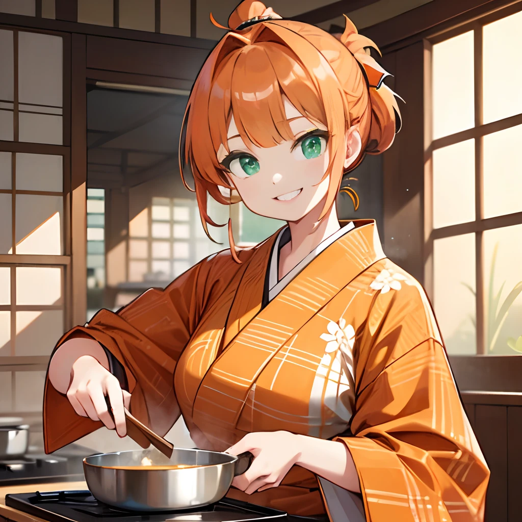 An orange cat wearing a samurai costume is cooking in a restaurant.