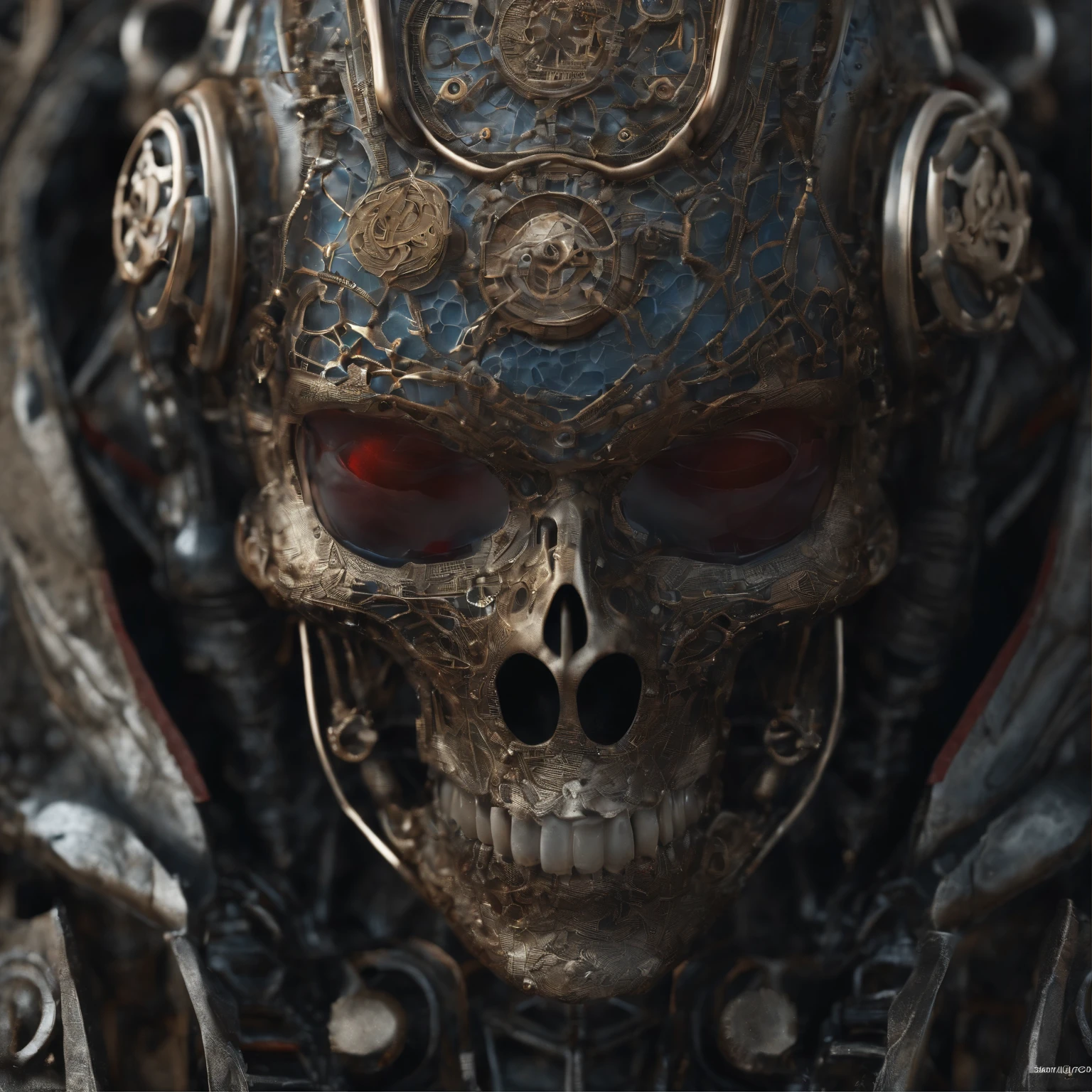 A post apocalyptic photo of a red hooded, alien and blue eyes features an angry alien, male creature, biomechanical android with translucent lingerie armor, scientific illustration with skeleton ornaments, white backgorund, alabaster skin, perfect face, hyper detailed, soul, skull and large teeth, hyper realistic robotic android mechanic, neo traditionalism, precision art, edgy, tattoo circuitry, dense atmospheric background. made by Mandy Jurgens and Mary Jurgens and Thomas Kinkade, Ambient occlusion, Cycles Render, Dim lighting, Arnold render, 8k, octane render, Artstation Artstation HQ, unreal, Miki Asai Macro photography, close-up, hyper detailed, trending on artstation, sharp focus, studio photo, intricate details, highly detailed, by greg rutkowski, Miki Asai Macro photography, close-up, hyper detailed, trending on artstation, sharp focus, studio photo, intricate details, highly detailed, by greg rutkowski