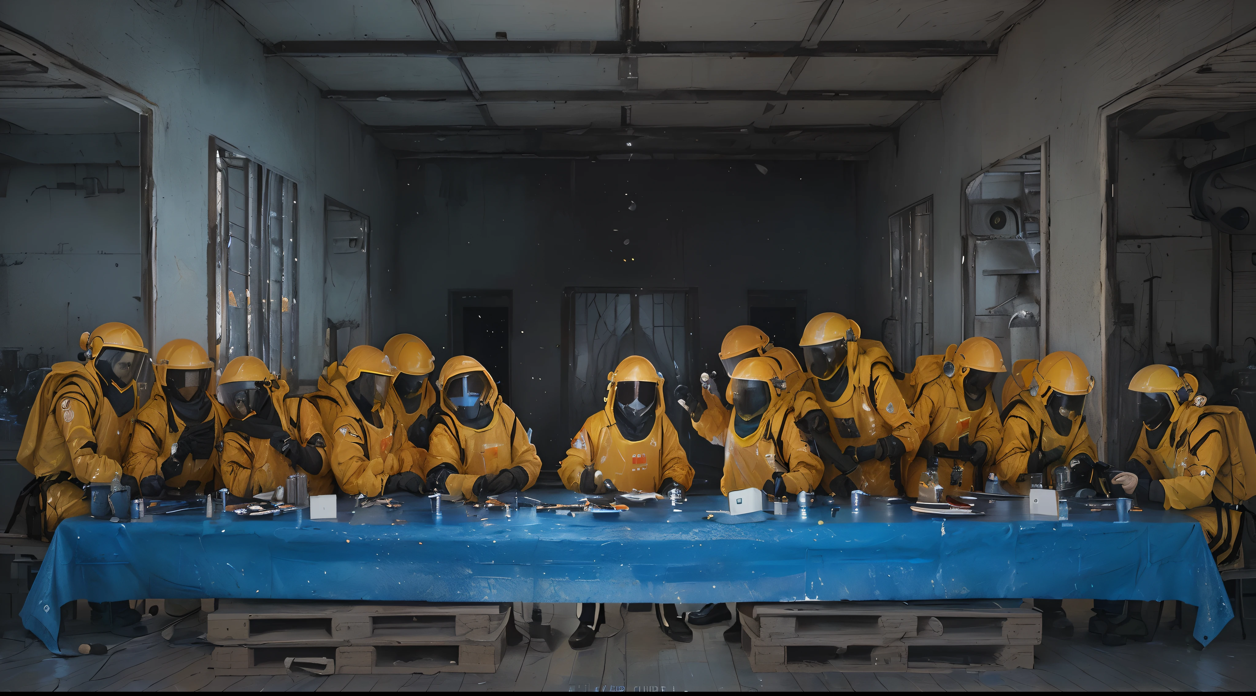 There were a lot of people wearing yellow chemical protective suits sitting at a table。called 'the last supper', sergey zabelin, Figures in chemical protective suits sit around the table, Andreas Frank, hazmat suits, author：Alison Geisler, aliens in the last supper, Stefan Cordell, last supper composition, alexey egorov, sergey krasovskiy，（Realistic oil painting style）