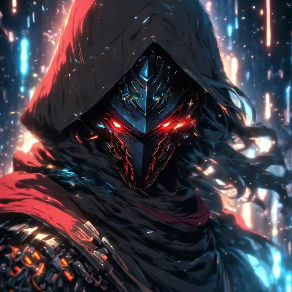 realistic,shiny,reflective,bioluminic, galactic cybernetic mask,mecha,(assassin:1.2),((((scarf,long cloak)))),sh4g0d,GlowingRunes_red,fullbody,cinemnatic,dark background,backlight,high contrast,