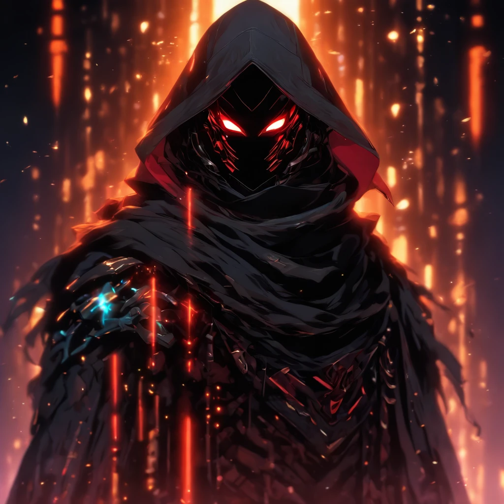 realistic,shiny,reflective,bioluminic, galactic cybernetic mask,mecha,(assassin:1.2),((((scarf,long cloak)))),sh4g0d,GlowingRunes_red,fullbody,cinemnatic,dark background,backlight,high contrast,