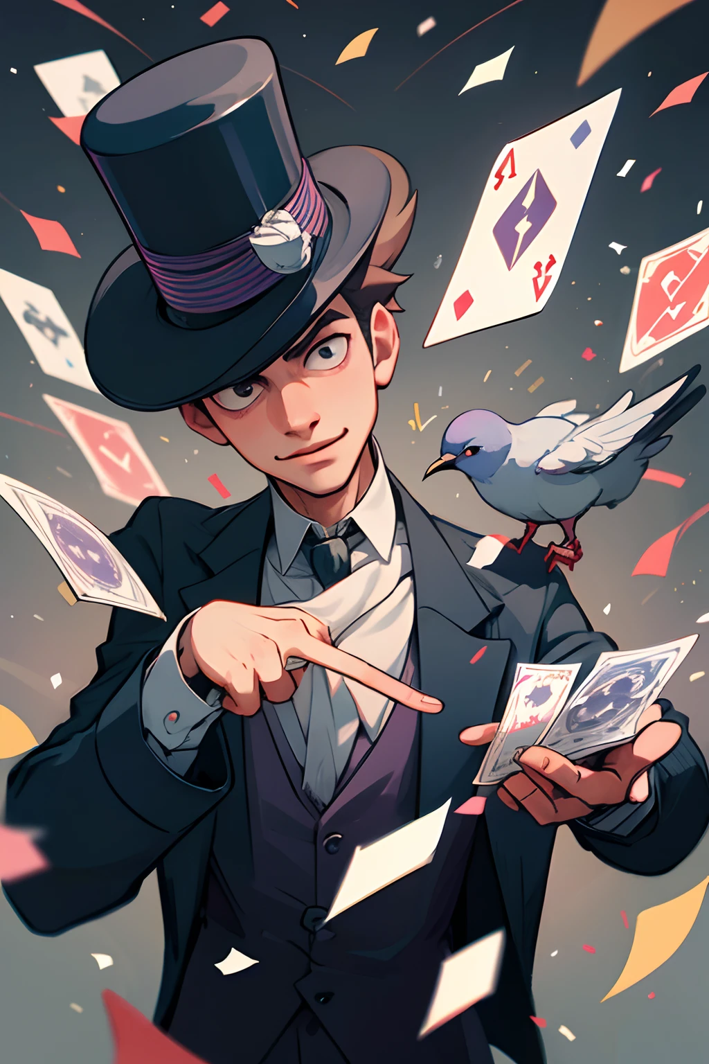 best quality, ultra-detailed, 
a Magician with top hat, illusion, flying playing cards, pigeons flying around, confetti flying