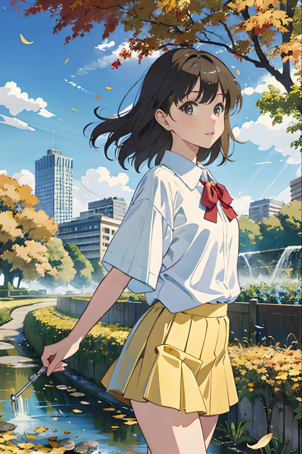Masterpiece-level painting, Highest Quality, Ultra High Definition CG Woman, hightquality))、(​masterpiece)、Very elaborate CG Unity 8K wallpapers、GameCG、Stand quietly under a tree, Wearing a super mini skirt and folding shirt, Mini skirt fluttering in the wind, Her long hair is smooth like flowing water, Petals flying in a rainstorm. Surrounded by the blue cityscape of the fence, Chain fences and buildings、(autumnal)、Rows of yellow ginkgo trees、ginkgo