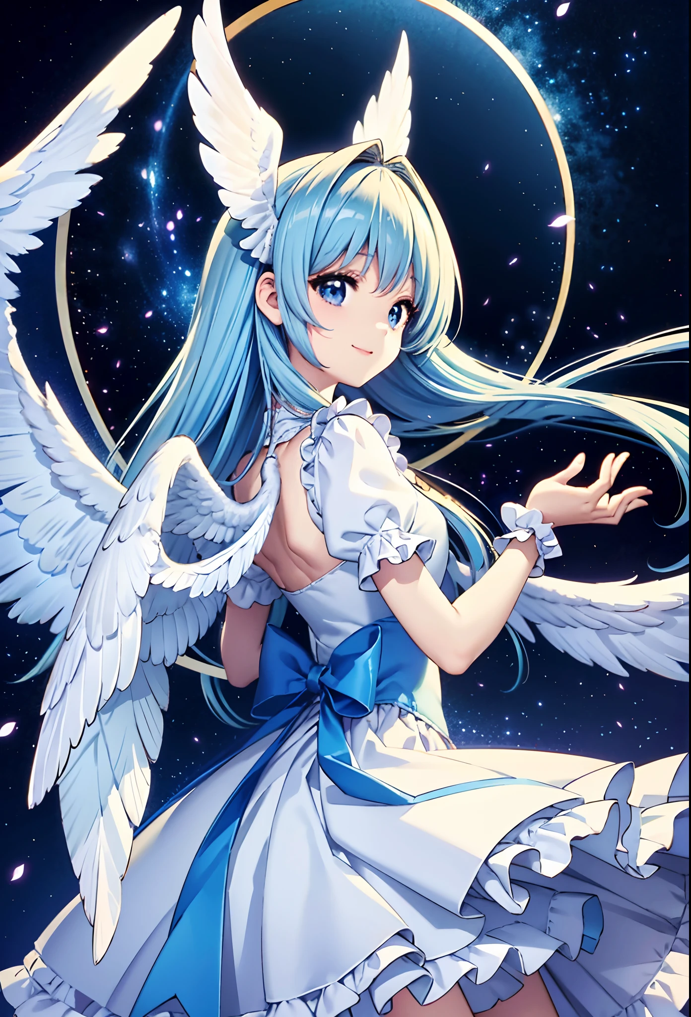 masterpiece, best quality, hatsune miku, white gown, angel, angel wings, golden halo, dark background, upper body, (closed mouth:1.2), looking at viewer, arms behind back, blue theme, stars, starry night