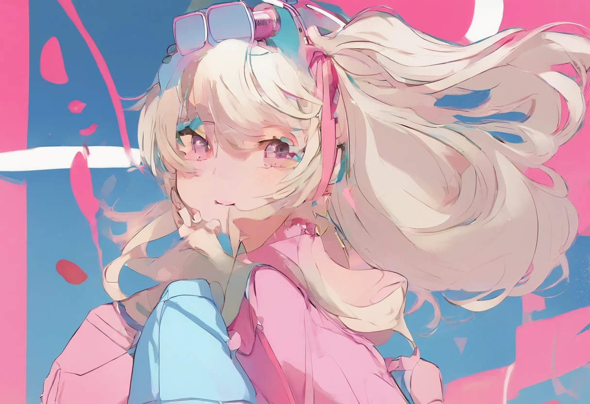 woman with white skin, tall, chubby, blonde hair in a ponytail, pink headband, straight hair, pink earrings, tall stature, wide hips, long legs, cheerful expression, pink polo shirt, blue shorts, white socks, pink tennis shoes, cartoon style, digital artwork