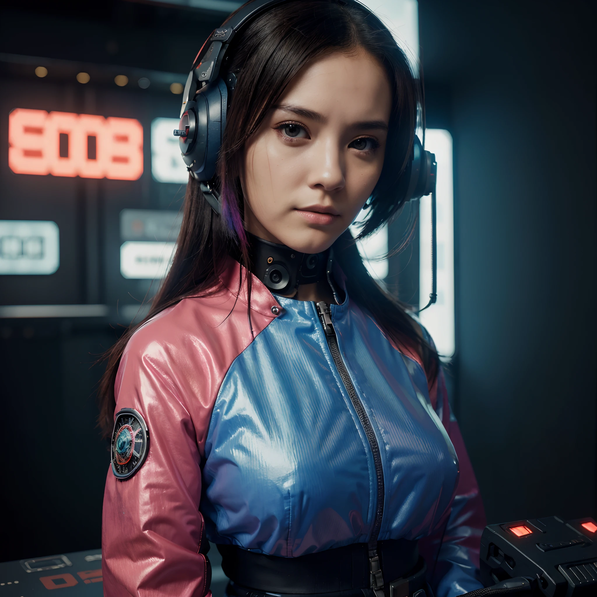 (masutepiece,Best Quality,ultra-detailliert,超A high resolution,Detailed background),((Cyberpunk)),((Flat color)),((Colorful)),(1girl in),pilot,Pilot helmet,Pilot jacket,Looking at Viewer,Solo,Upper body,coloured background,High contrast,contrasted colors,Cowboy Shot,