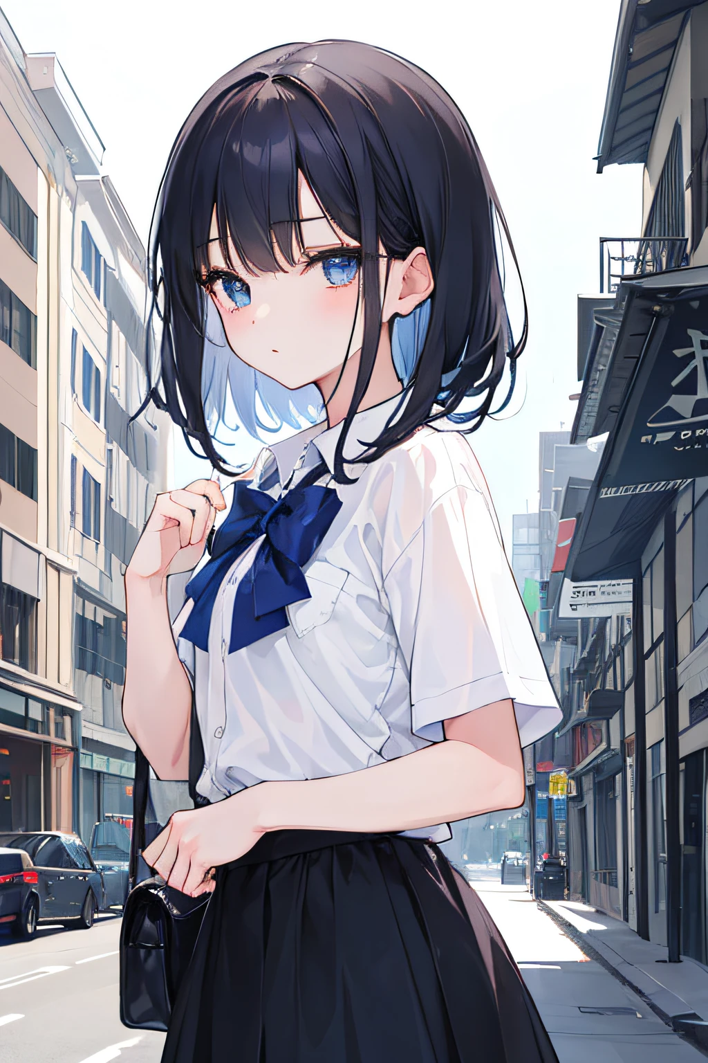 1girl, sexy, cute, 12 year old, medium length dark hair, blue eyes, white shirt, black skirt, stares, building, high res, ultrasharp, 8K, masterpiece, looking at viewer