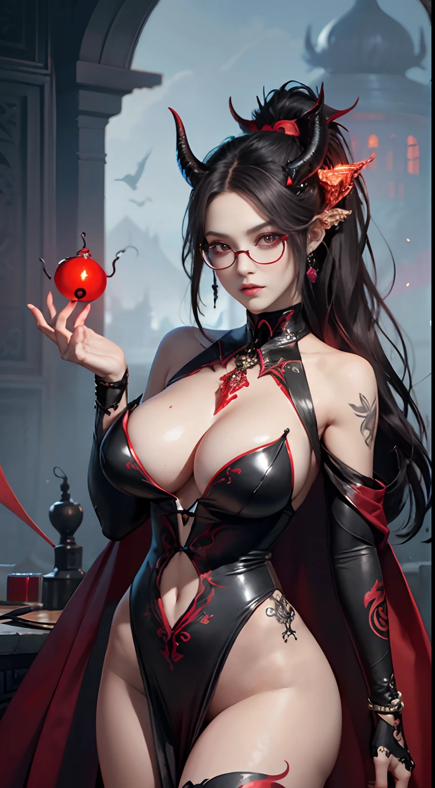 Fine、(The best illustrations)、8k UHD resolution、intricate-detail、top-quality、realisitic、ultra-detailliert、The best lighting、Best Shadows、Soft lighting、Ulutra HD、1 beautiful devil woman from hell, surreal female portraits by David Hockney and Alphonse Mucha, Fantasy Art, Chinese Doll、Dungeon and Dragon、Devil's Palace、Devil's Torture Chamber、magia、 A Necromancer、natta、Dark style、Succubus、Devil's Daughter、Bat Wings,(((Demon Horns)))、((((black-rimmed round glasses))))、(((Colossal tits)))、(Devil's Tail)、(red eyes glowing:1.6)、 intricate tattoos, demonic intricate tattoos, thigh tattoos, body tattoos, masterpiece、beautiful countenance、Muscular seductive body、The enchanting body of the devil、Seductive Black Magic Costume、A shiny red snake is wrapped around her hand、Tindall Effect、photos realistic、(High Detail Skins:1.2)、 (Intricate details, makeup, pureerosface_v1:0.5), (Detailed beautiful delicate face, Detailed beautiful delicate eyes, A perfectly proportioned face, High detailed skin, Detailed skin, best ratio four finger and one thumb, arms below breasts, Tattoo with a red glow under the stomach、Awesome awesome, wide hips, smooth midriff, skiny and thin, __Fashion__, __hair__:1.25)、Digital SLR、hightquality、a picture、hight resolution、 absurderes、Ponytail distortion、1人、Red sparkling gemstone necklace、jewely、Beautiful expression、Body Up、Large breasts emphasis、Toned waist、Wide buttocks、Devil's Tail、intricate tattoos, demonic intricate tattoos, thigh tattoos, body tattoos, effect、Photorealsitic、(High Detail Skins:1.2)、In the Dark, lowkey, cowboy lens, (Black Phoenix Dress: 1.0), Seductive Black Magic Costume、Long hair, Black hair, Bust, Devil's Palace, devil crown, red eyes make up very sharp and detailed, The most beautiful face, Super tight breasts, Breast augmentation surgery, The breasts are very big and round and round, Black magic costume、Super realistic , Charming smile, The eyes are very well made up, ((Red Eye:1.0)), guweiz, devil style,Muscular seductive body、 wearing black m
